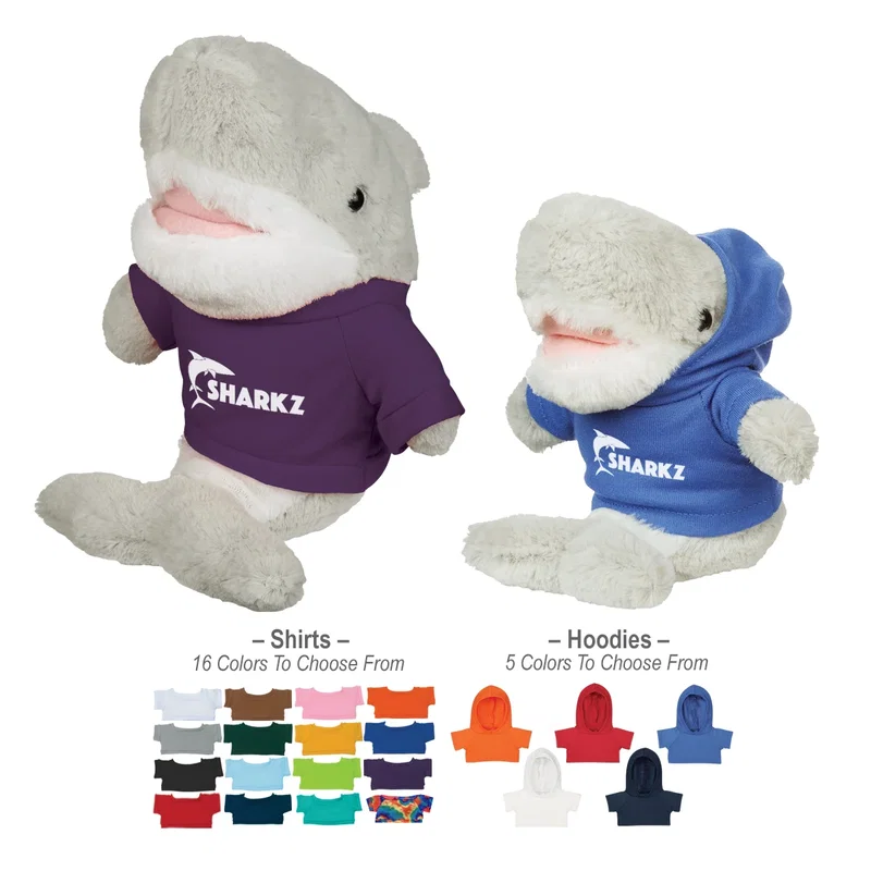 Side view of the stuffed shark showing its dorsal fin