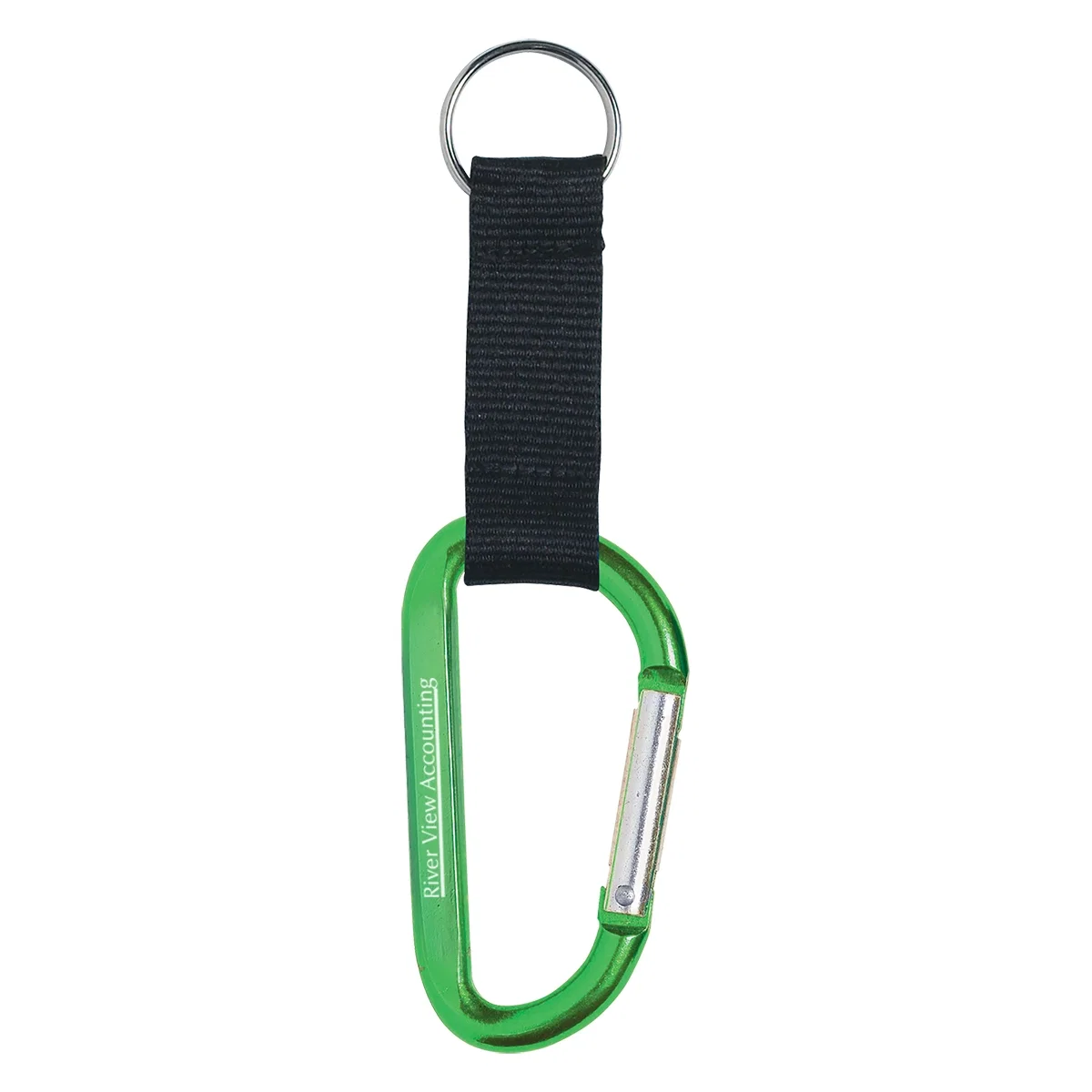 Silver carabiner photographed at a slight angle