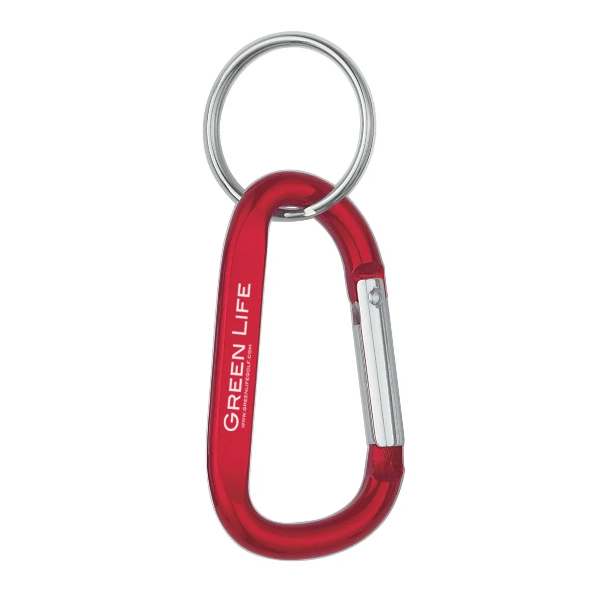 Carabiner clip standing three inches tall with a split ring attached