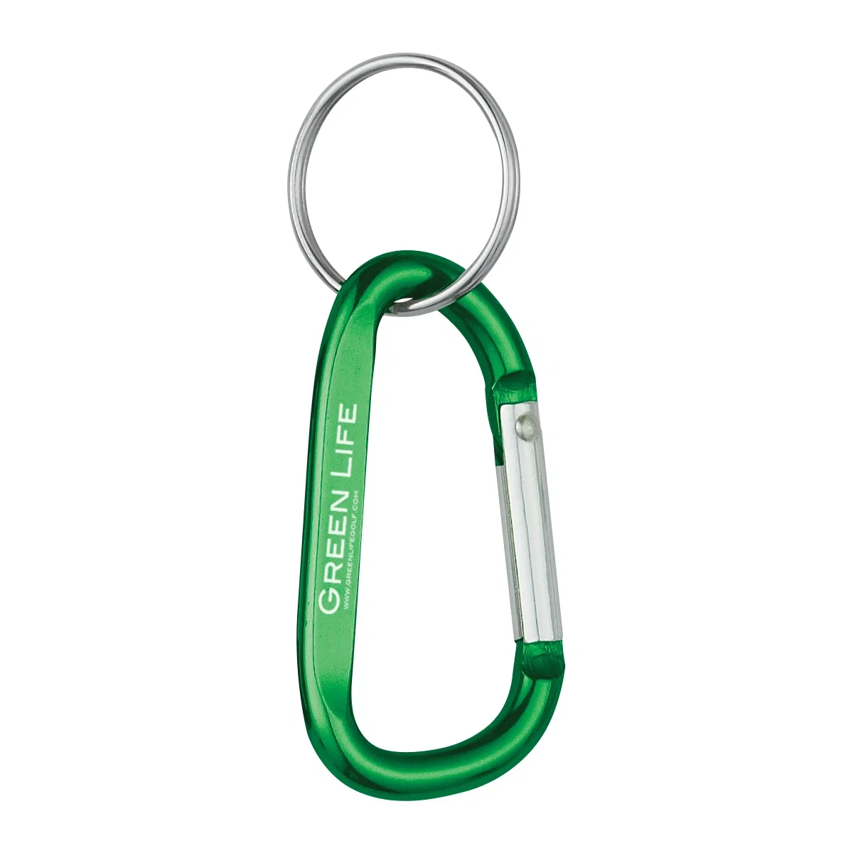 Green carabiner opened to show the gate mechanism