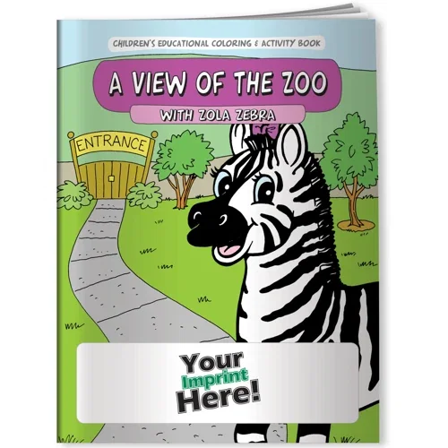 Zola Zebra A View of the Zoo coloring book cover with cartoon zebra and zoo animals