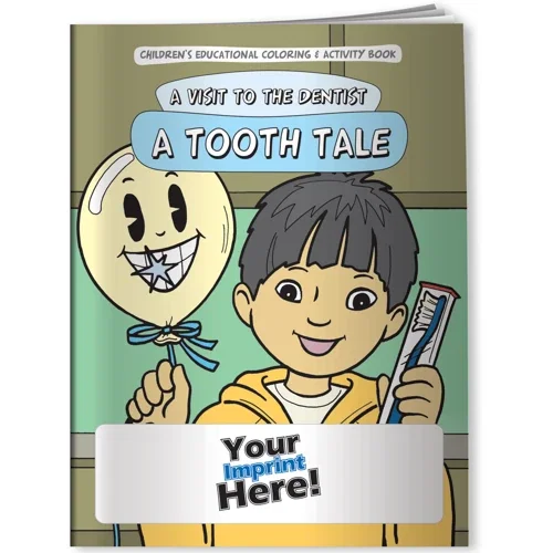 A Tooth Tale dentist coloring book interior page with dental-themed line-art to color