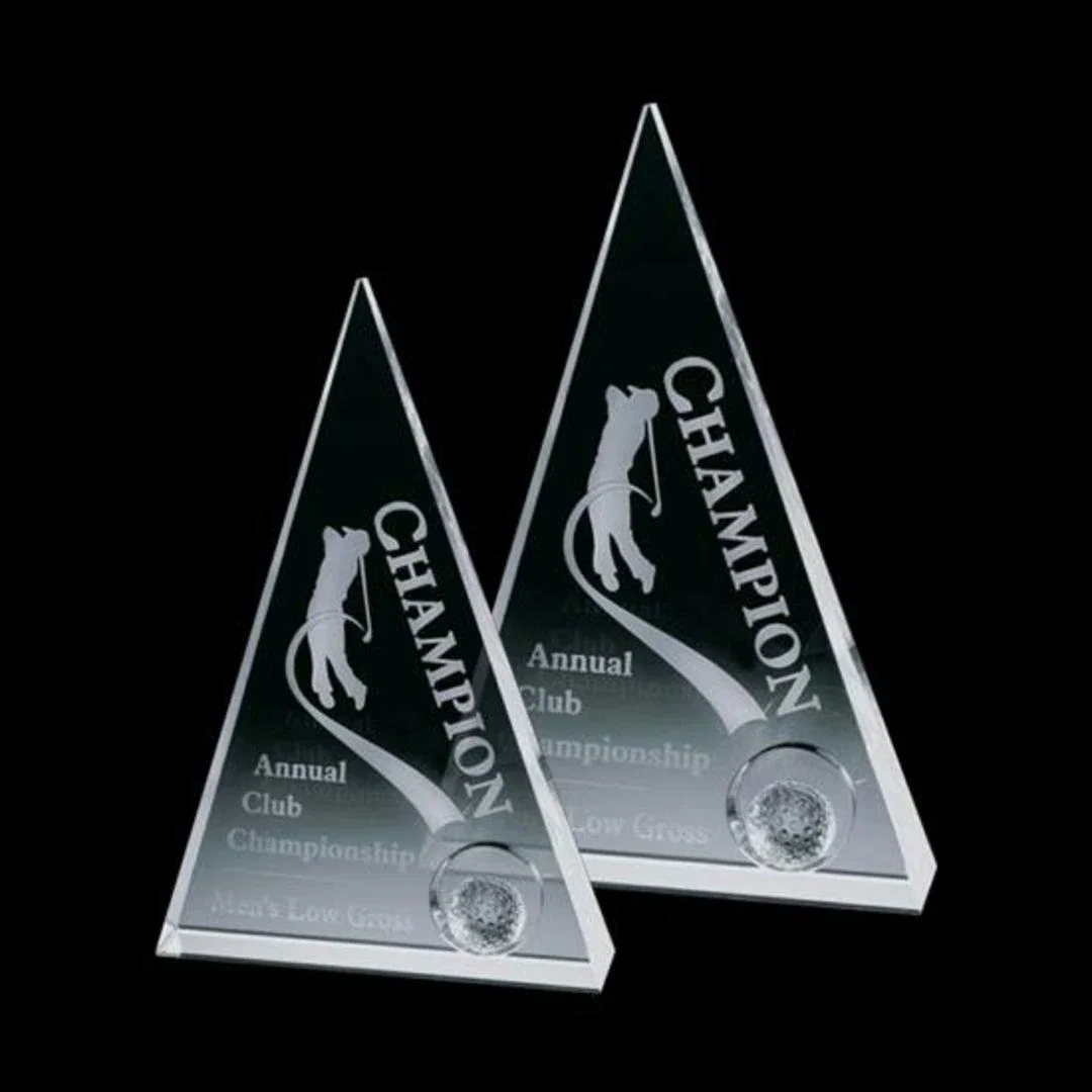 Custom Optical Crystal Golf Award with Ball Inset in Corner Hole for employee recognition