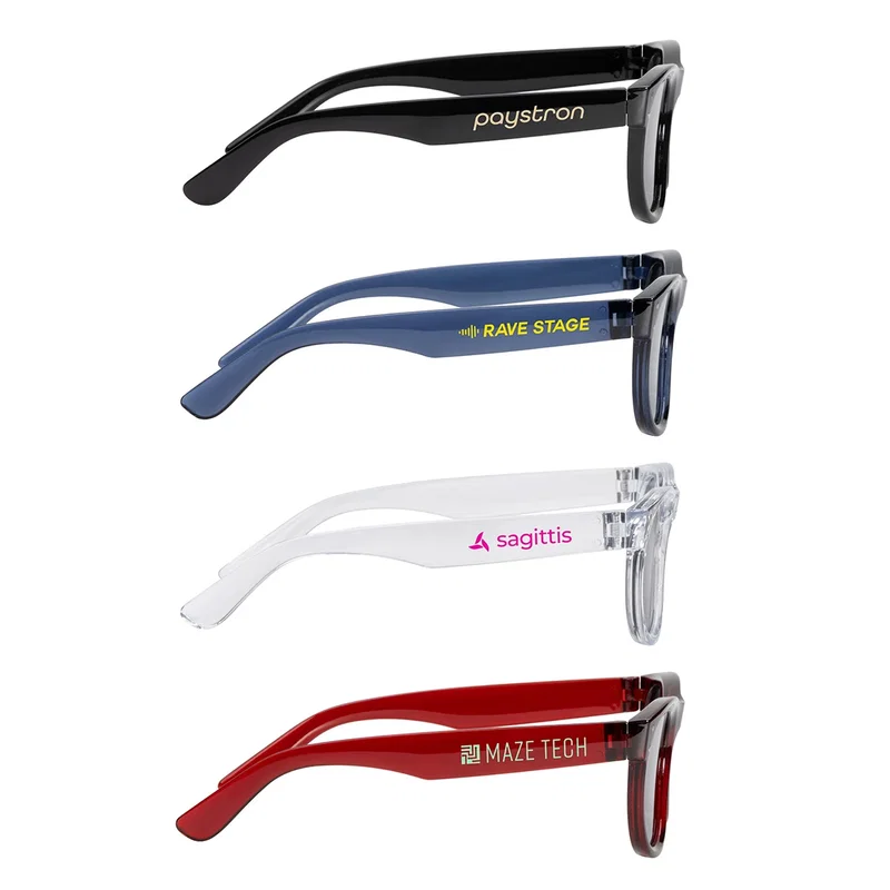 Promotional Aberdeen polycarbonate sunglasses folded, close-up of UV400 lens detail