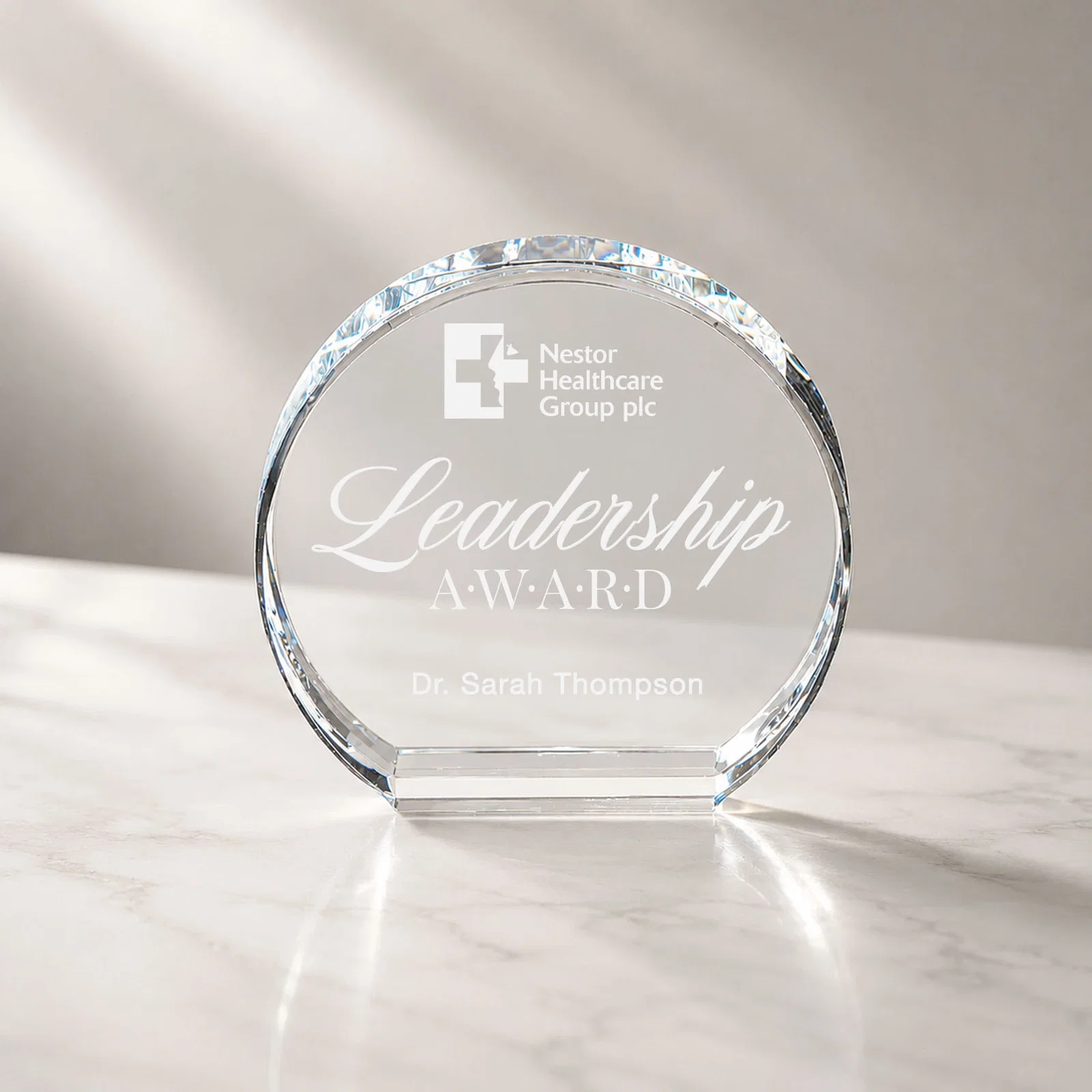 Custom Starfire Crystal Round Desk Award for corporate award ceremonies