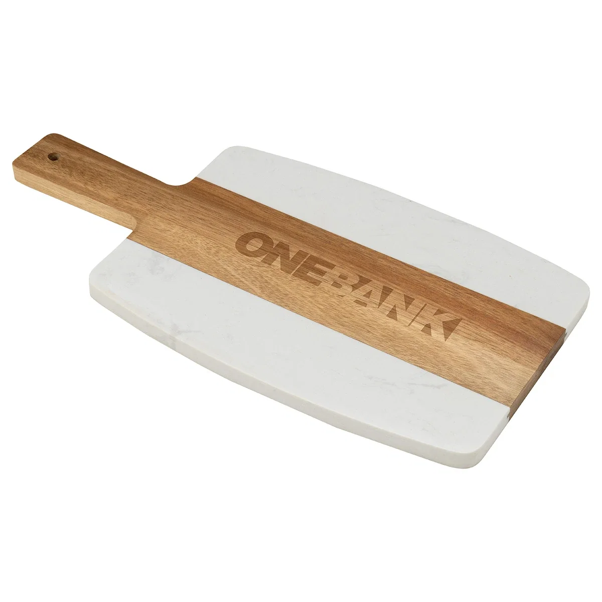 Acacia and marble cutting board with custom logo, front view
