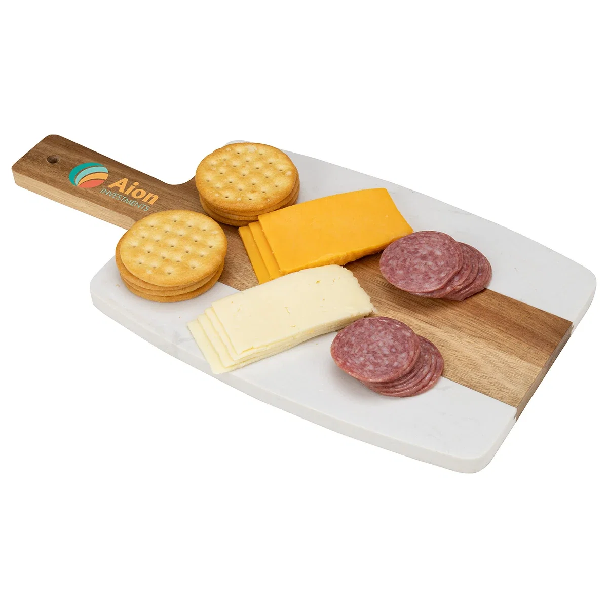 Acacia and marble cutting board, angled top view