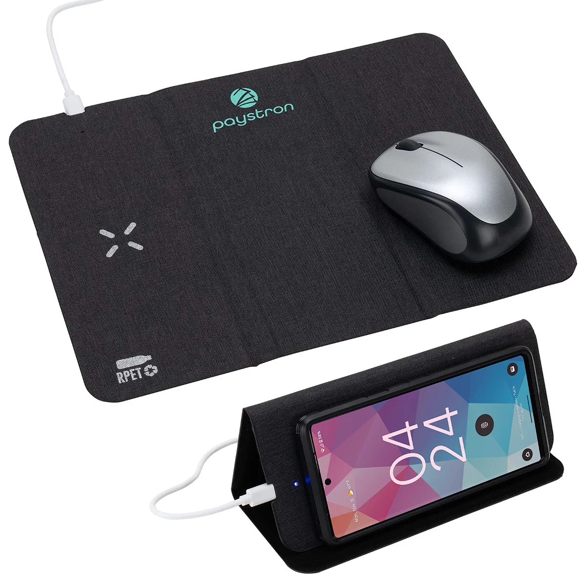 Custom Acadia RPET Mouse Pad with 15W Wireless Charger, front view of the branded desk accessory