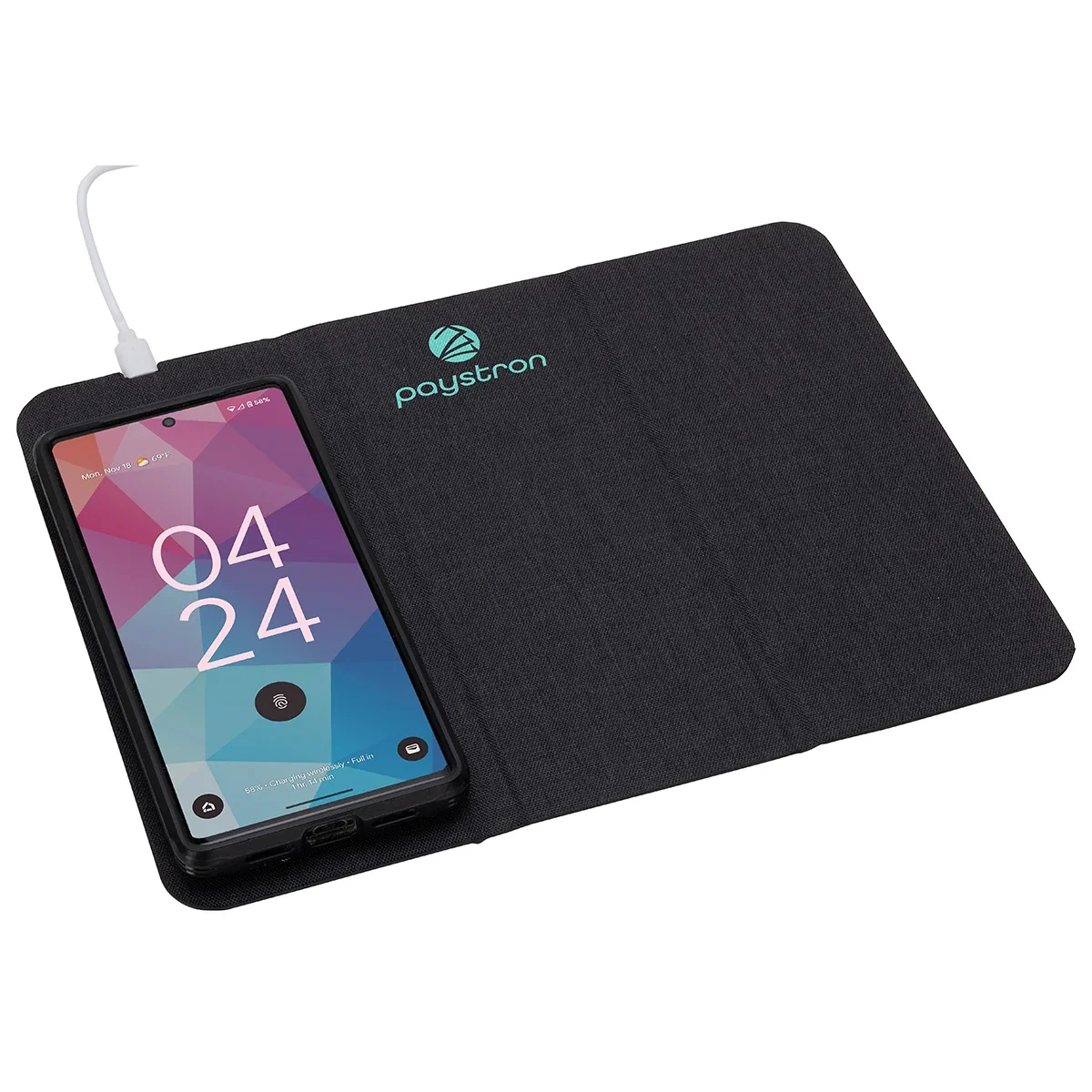 Smartphone charging on the Acadia RPET Mouse Pad, wireless charger in use