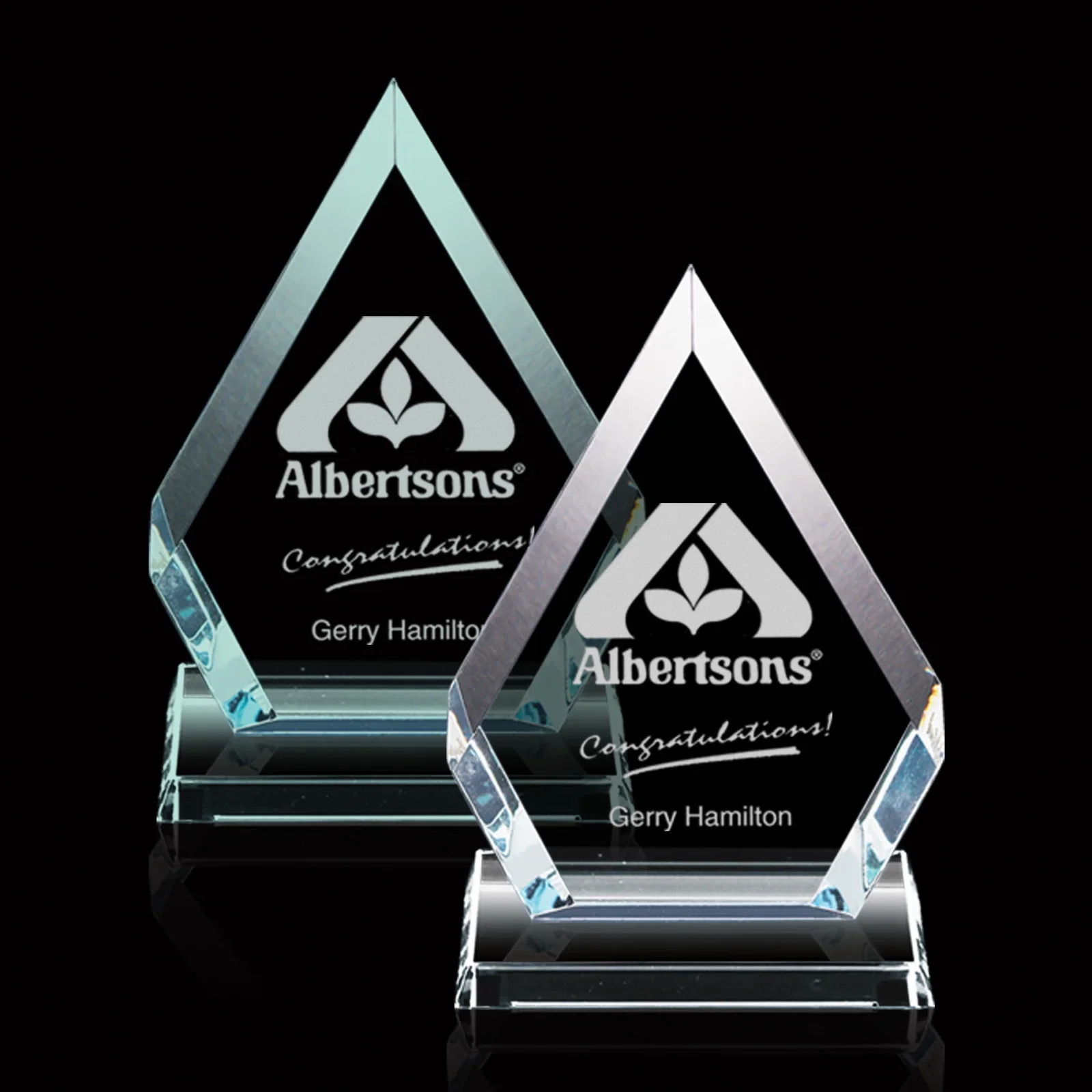 Custom Jade or Starfire Glass Diamond Award With Opposing Bevels for employee recognition