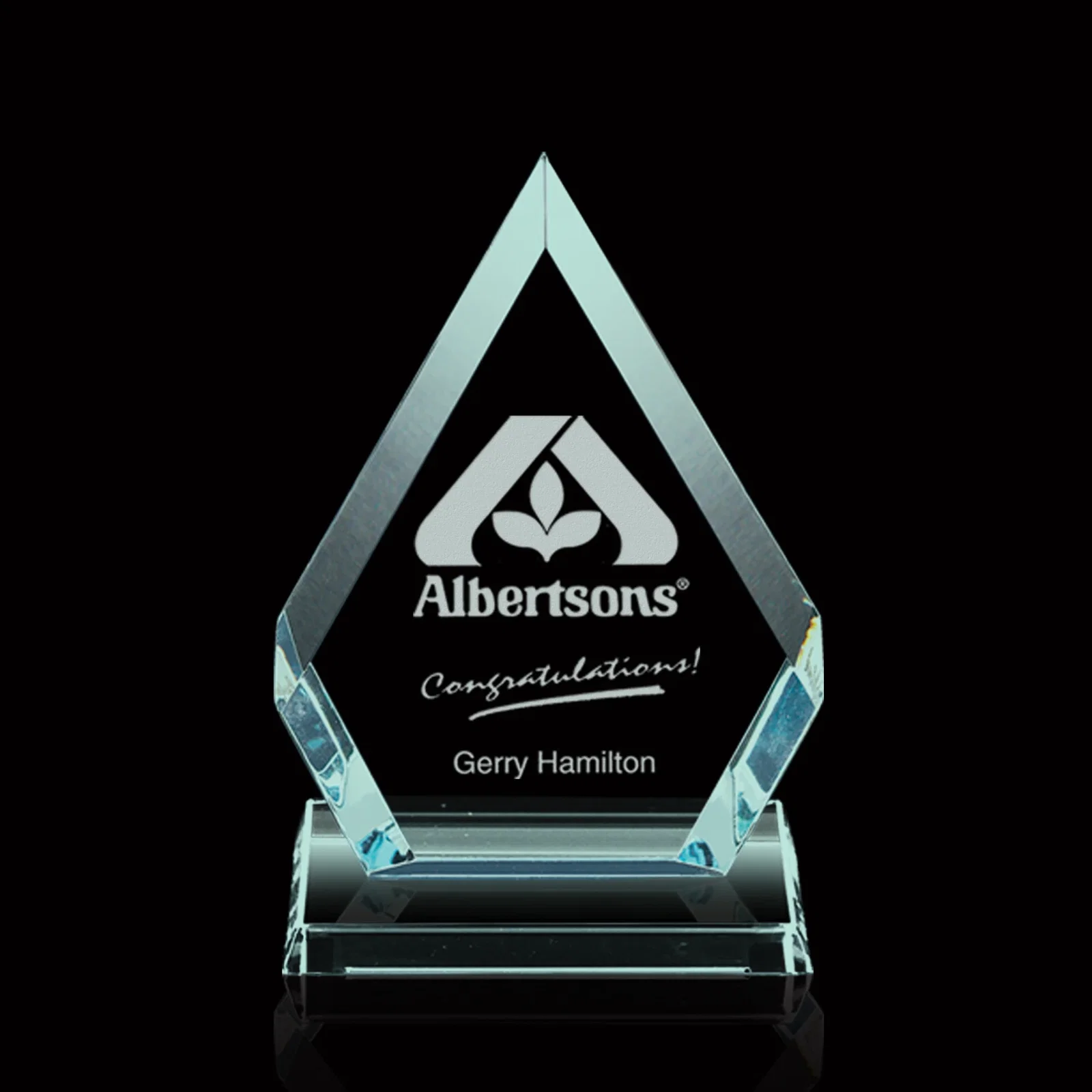 Custom Jade or Starfire Glass Diamond Award With Opposing Bevels for corporate award ceremonies