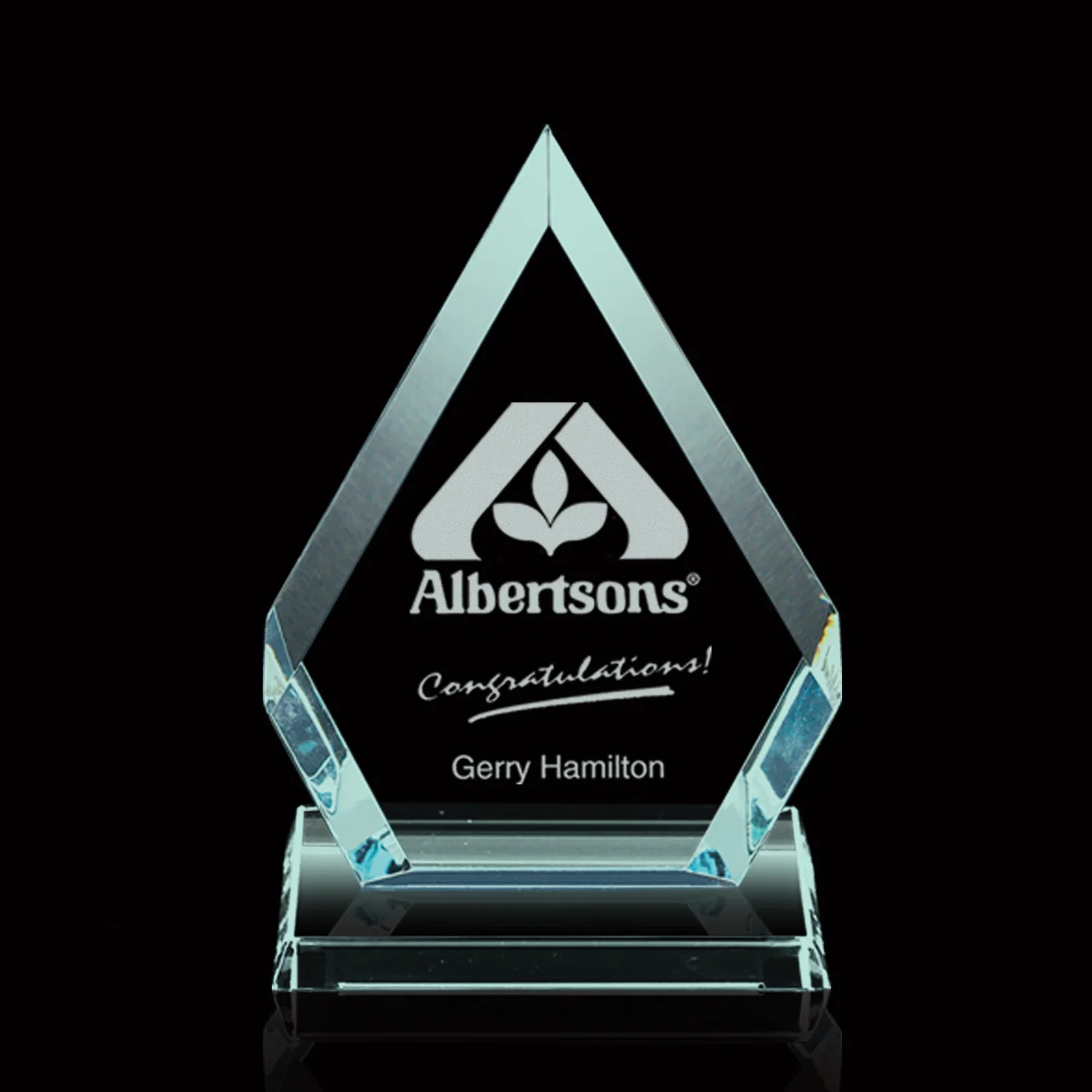 Custom Jade or Starfire Glass Diamond Award With Opposing Bevels for service anniversary gifts