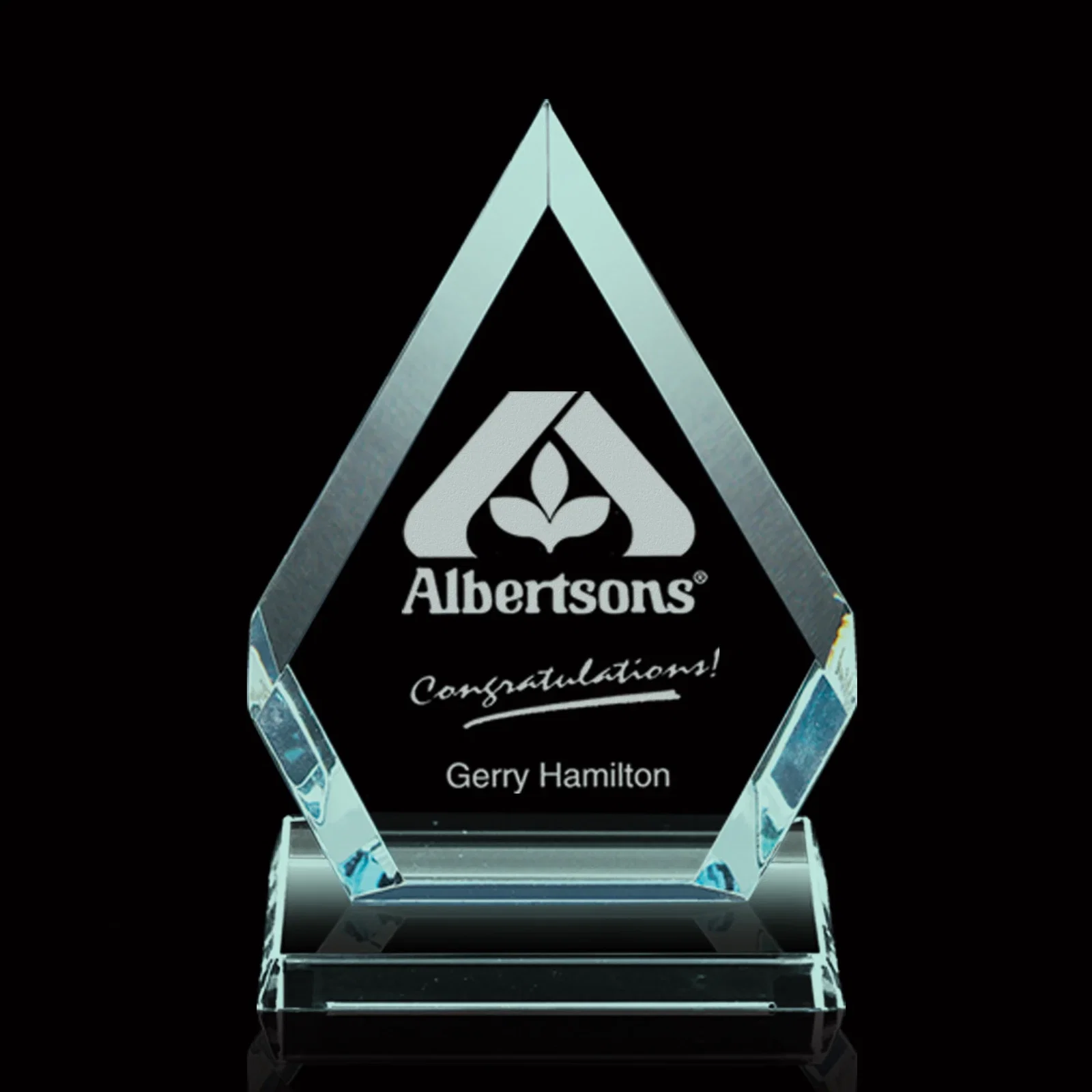 Custom Jade or Starfire Glass Diamond Award With Opposing Bevels for sales achievement awards