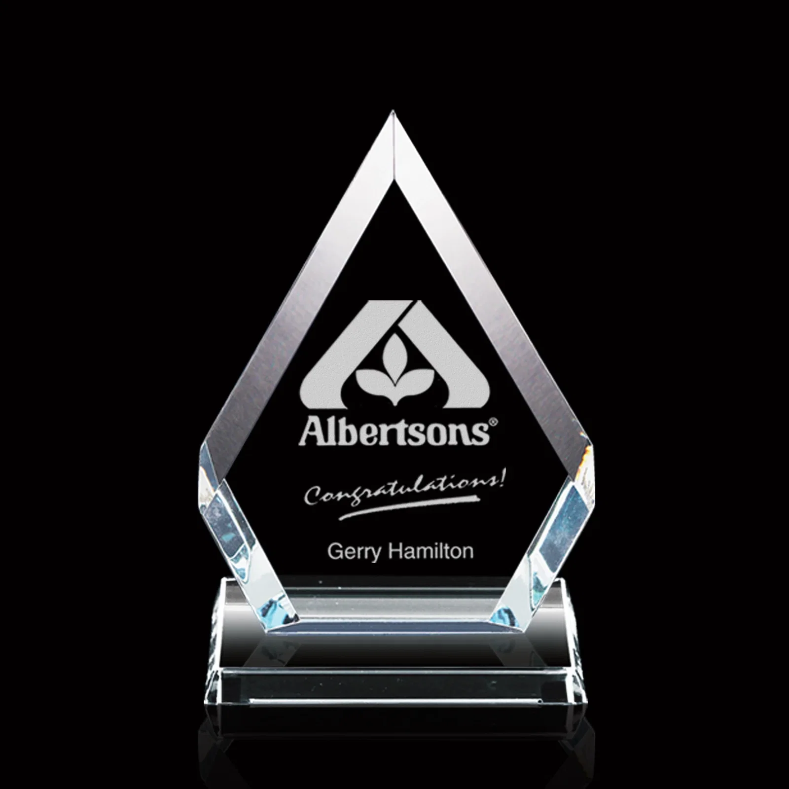 Custom Jade or Starfire Glass Diamond Award With Opposing Bevels for retirement presentations