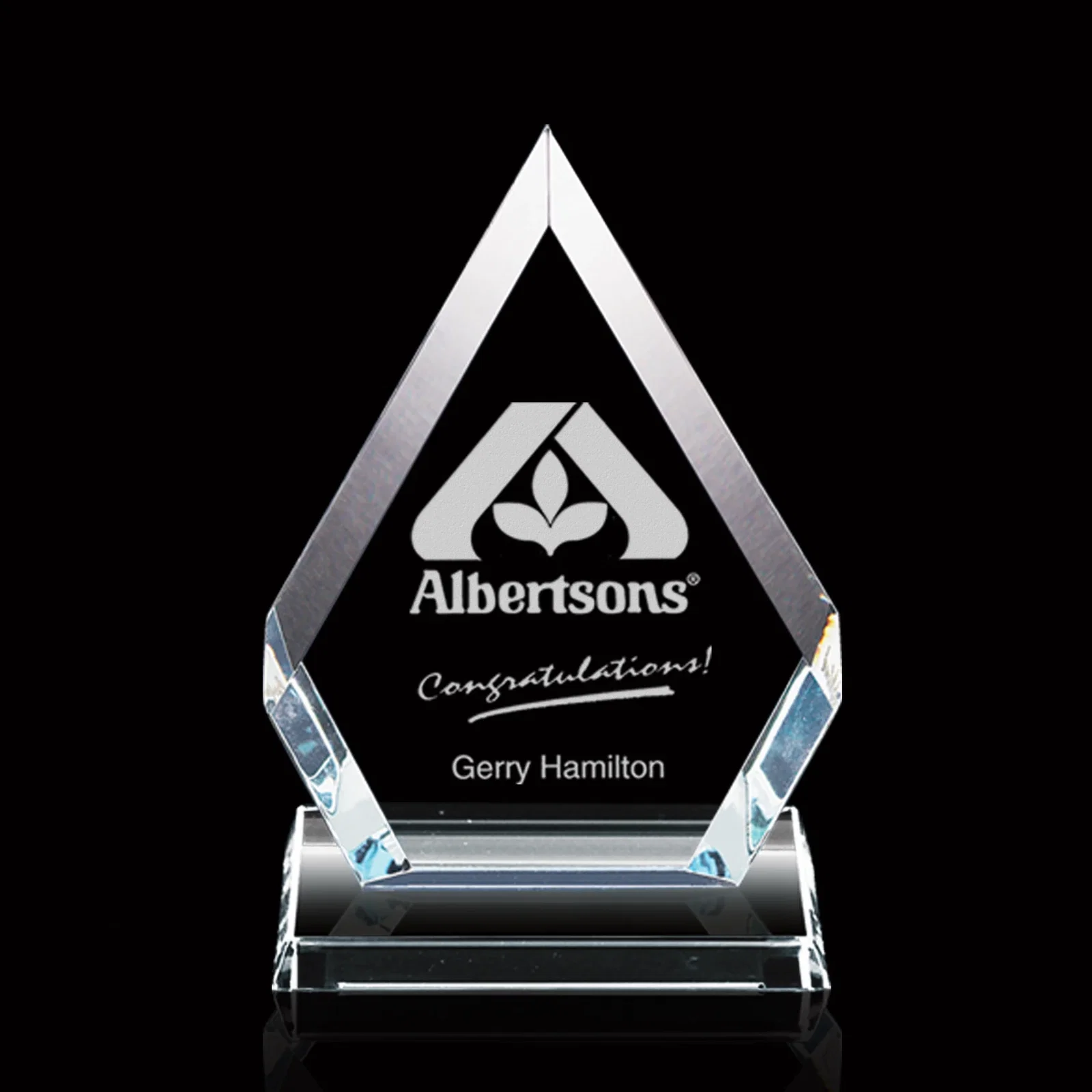 Custom Jade or Starfire Glass Diamond Award With Opposing Bevels for team milestone celebrations
