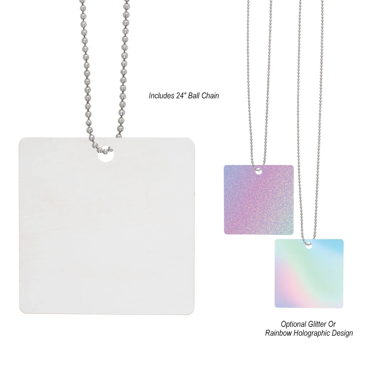 Chain shown gathered above the flat square charm