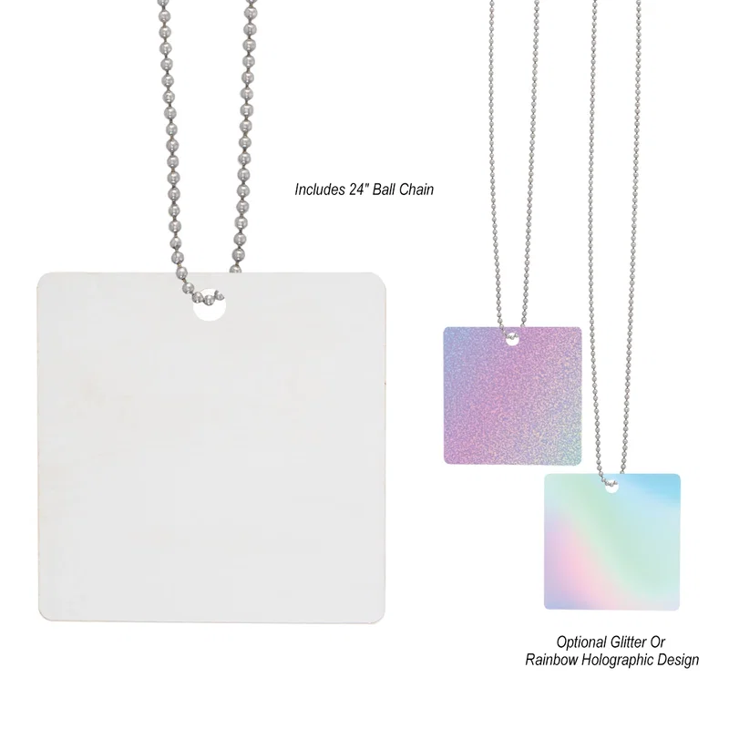 Chain shown gathered above the flat square charm
