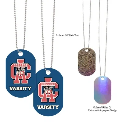 Acrylic dog tag on a chain, two inches tall