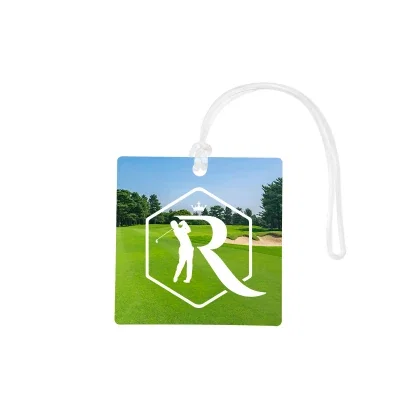 Square acrylic bag tag measuring two inches across