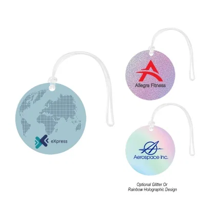 Round acrylic luggage tag with a white face and slim profile