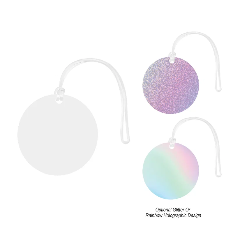 Personalized circular travel tag sized for carry-on and checked bags
