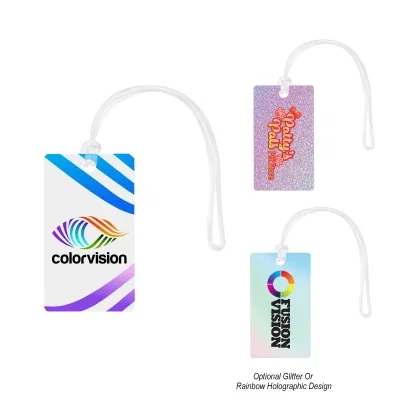 Rectangular acrylic luggage tag standing upright with a white face