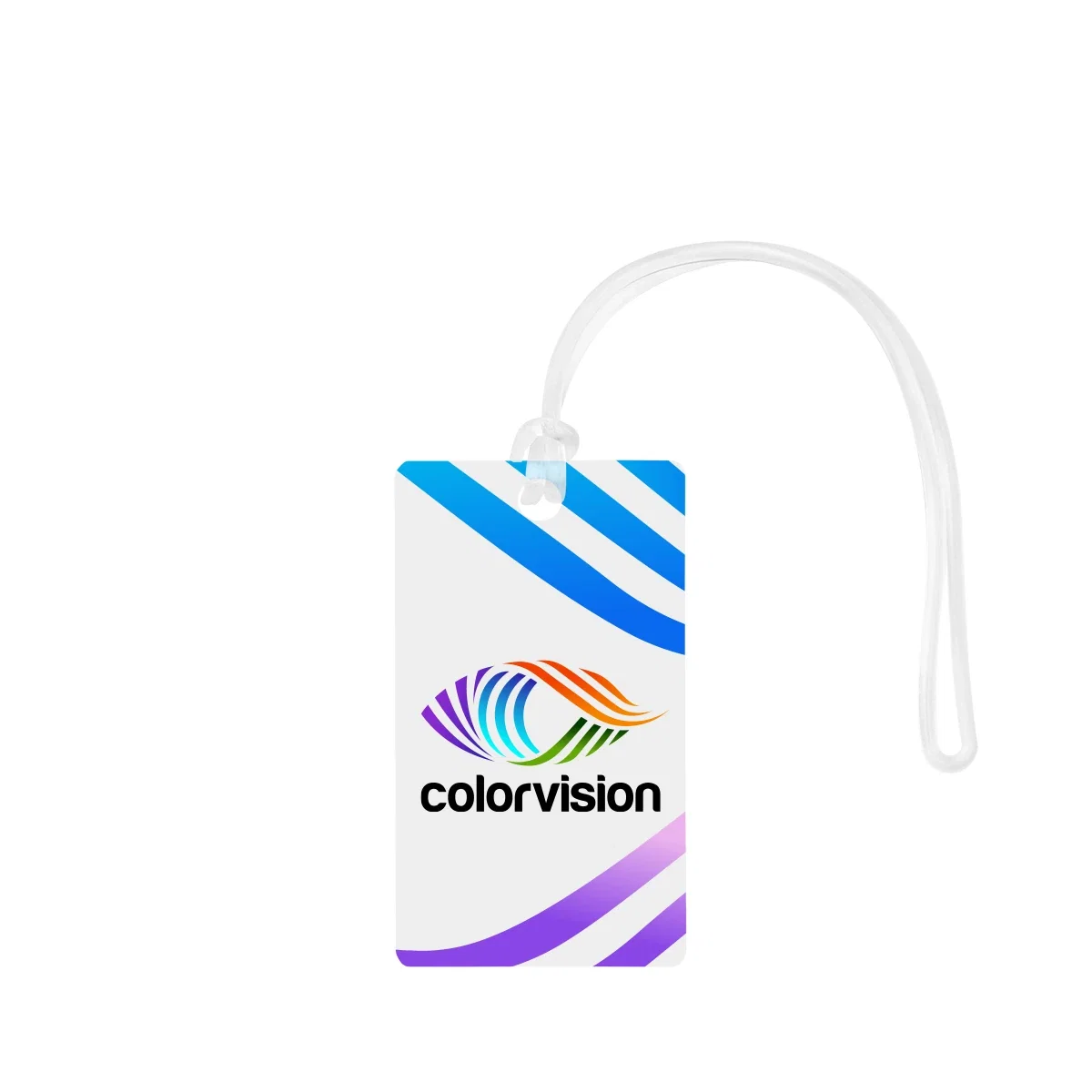 Branded bag tag shaped as a slim vertical rectangle