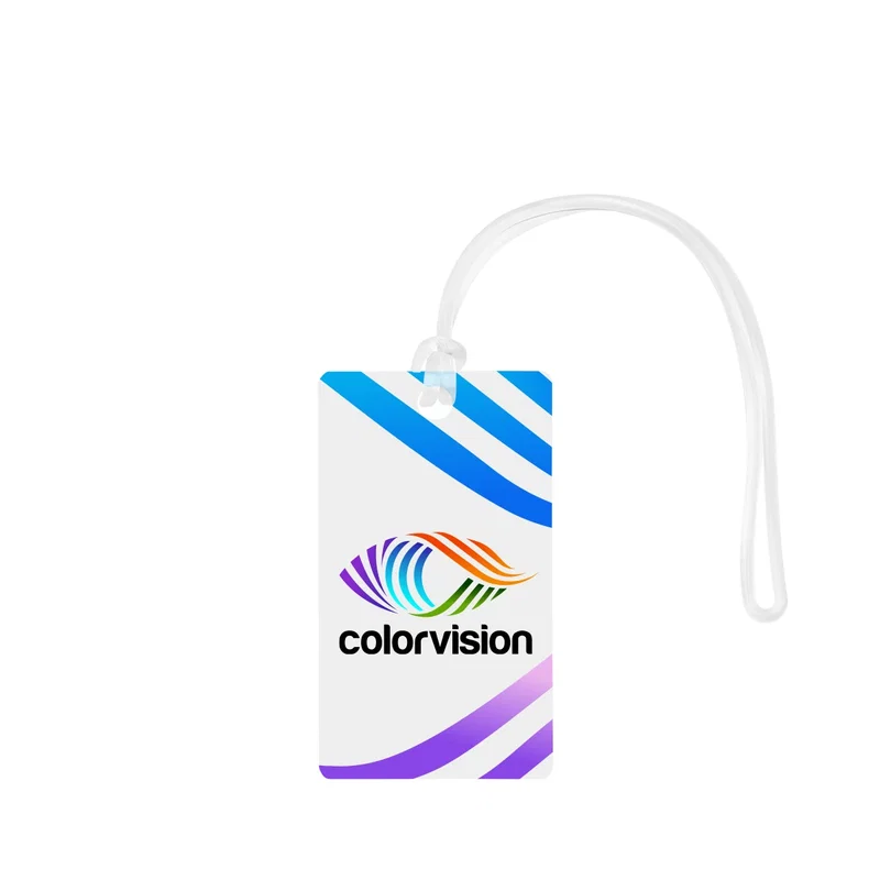 Branded bag tag shaped as a slim vertical rectangle