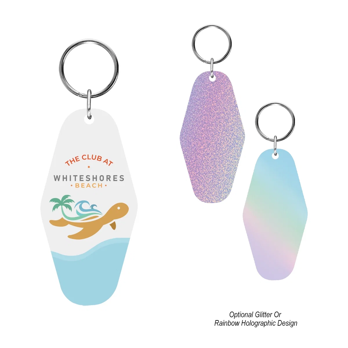 Acrylic motel key tag measuring three and a half inches