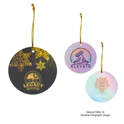 Round acrylic ornament measuring three and a half inches