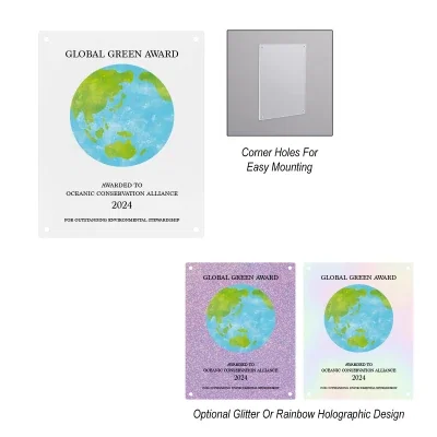 Clear acrylic wall plaque offered in three standard sizes