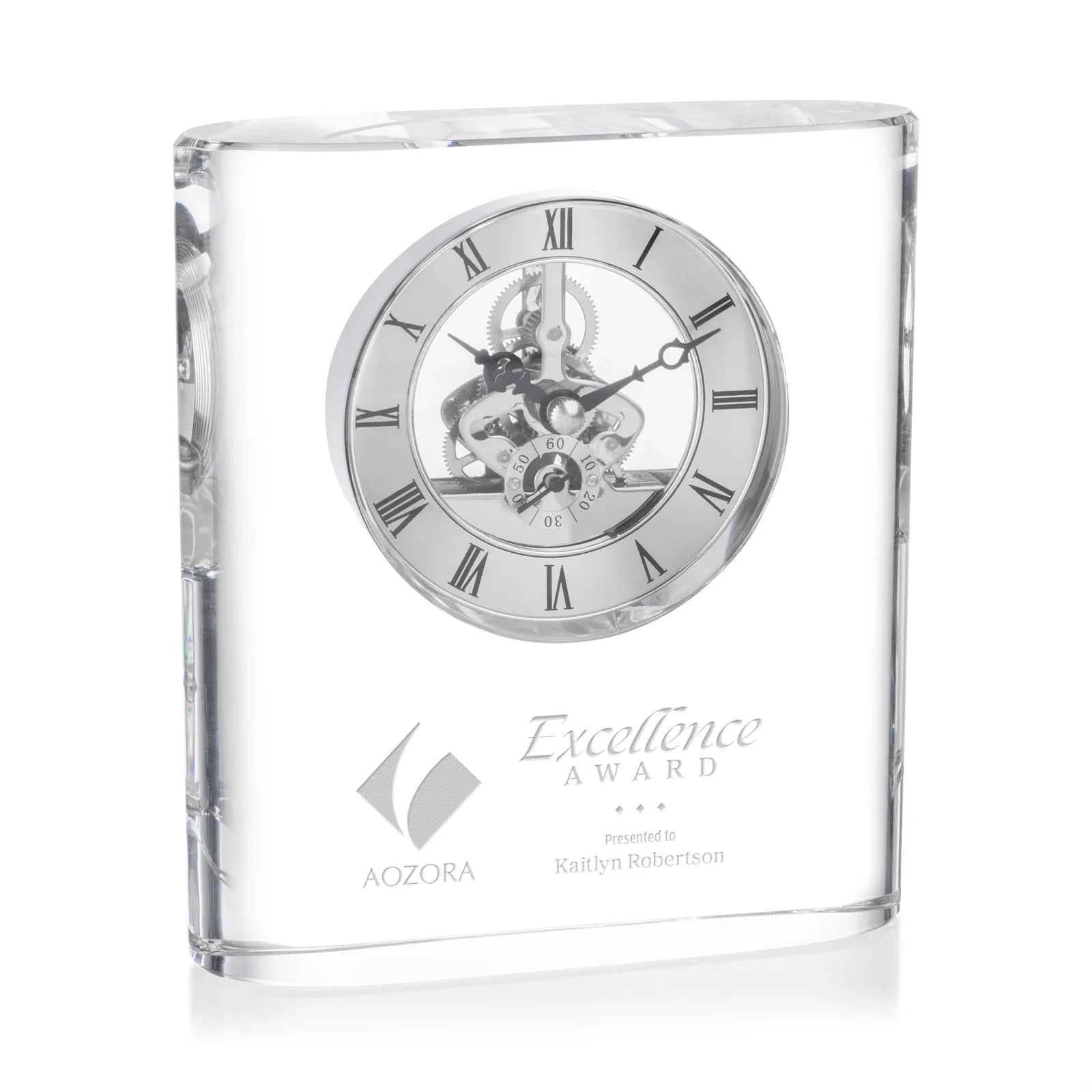 Custom Curved Rectangular Optical Crystal Skeleton Clock with Roman Numerals for employee recognition
