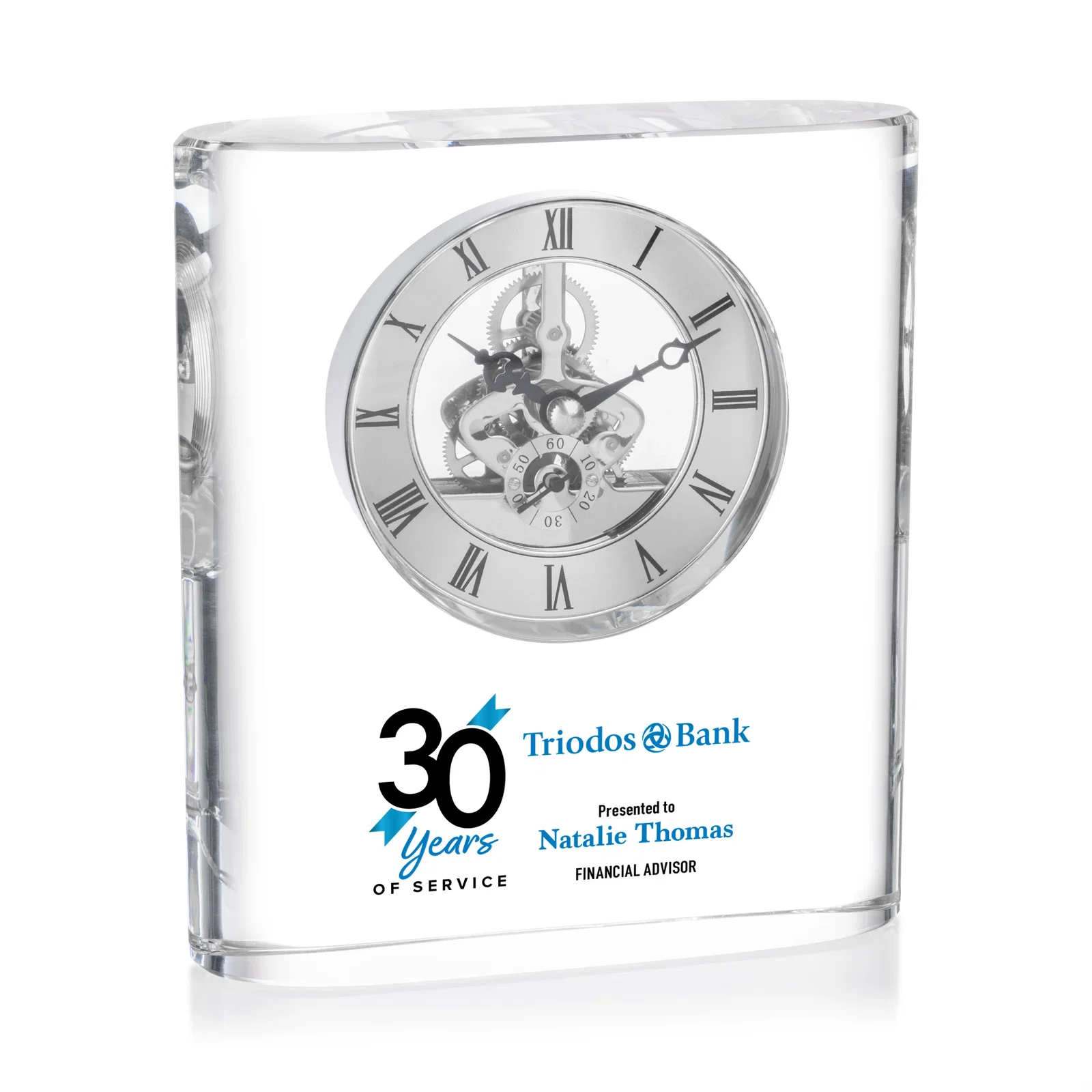 Custom Curved Rectangular Optical Crystal Skeleton Clock with Roman Numerals for safety achievement programs