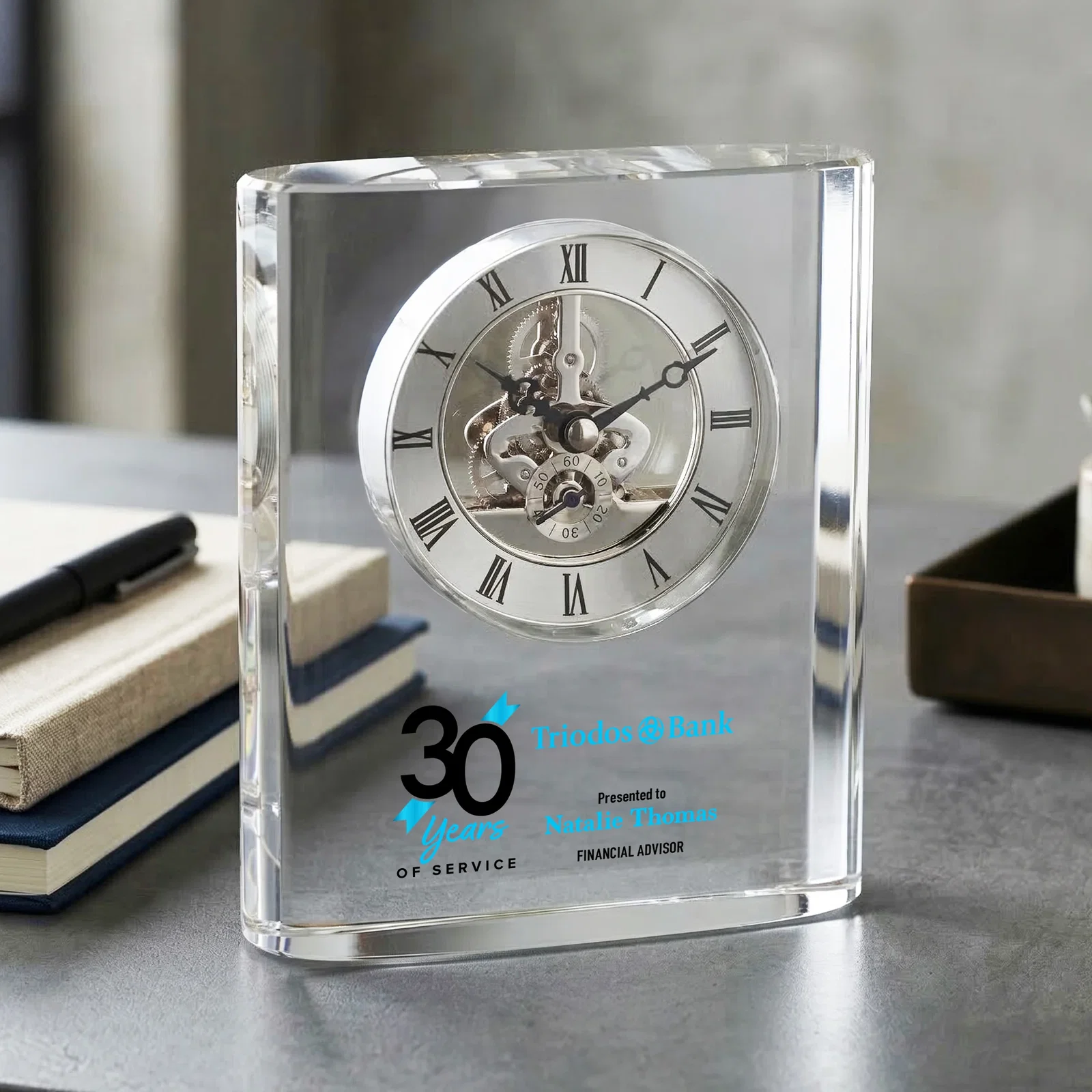 Custom Curved Rectangular Optical Crystal Skeleton Clock with Roman Numerals for volunteer appreciation