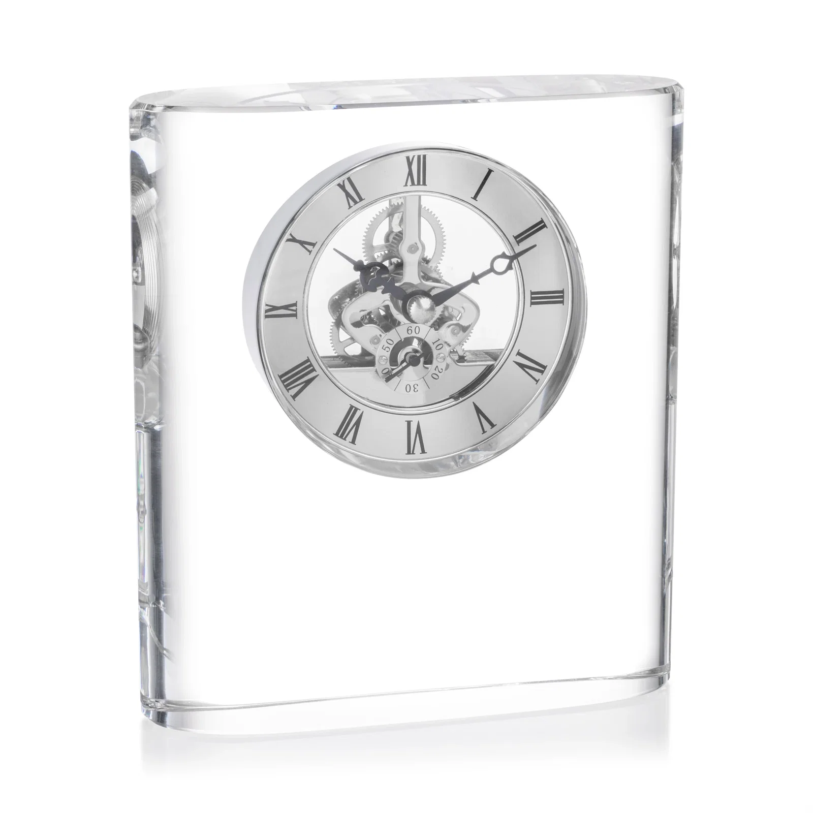 Custom Curved Rectangular Optical Crystal Skeleton Clock with Roman Numerals for dealer and partner awards