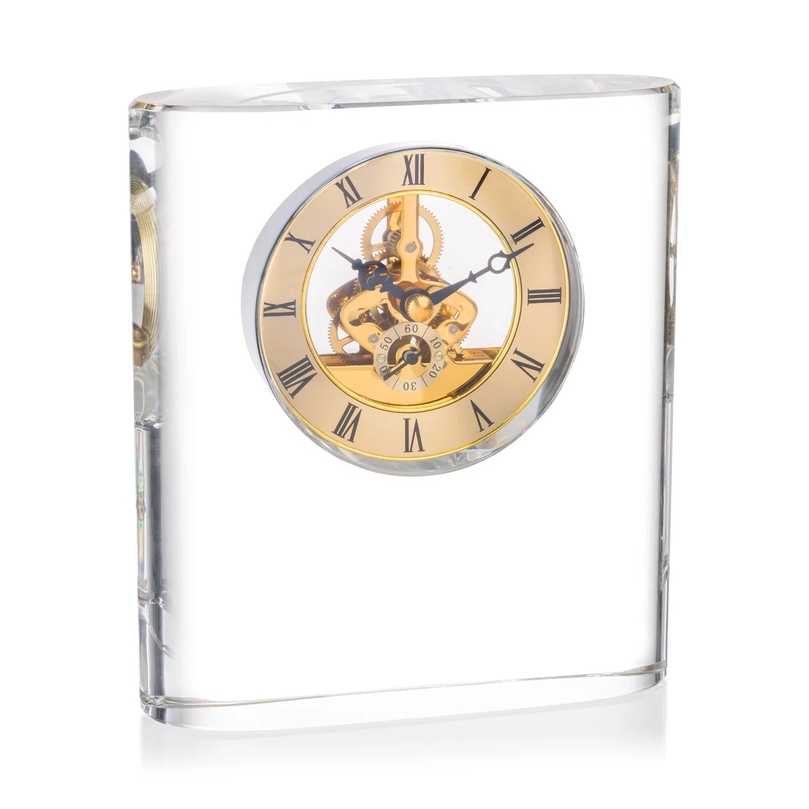 Custom Curved Rectangular Optical Crystal Skeleton Clock with Roman Numerals for company anniversary events