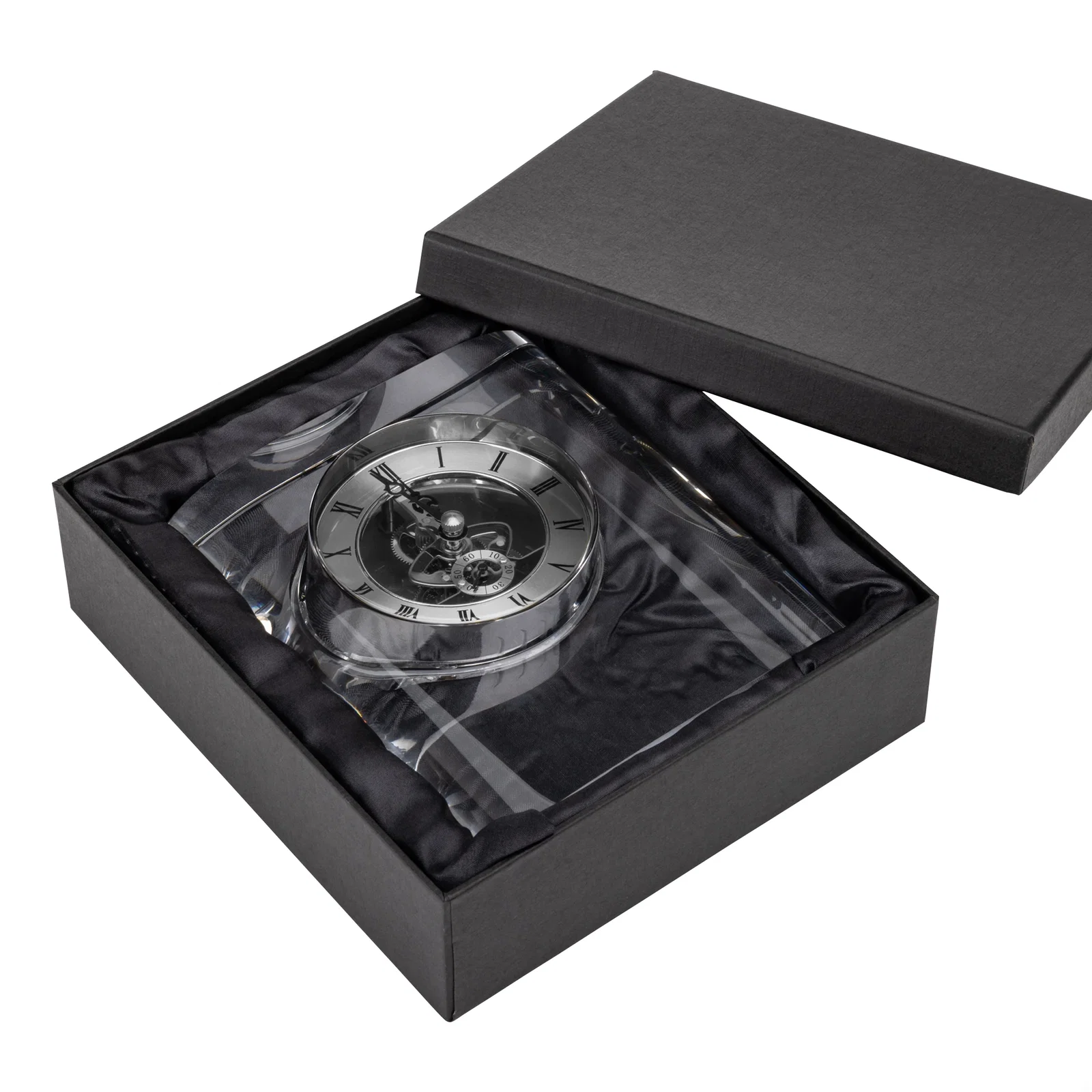 Custom Curved Rectangular Optical Crystal Skeleton Clock with Roman Numerals for corporate award ceremonies
