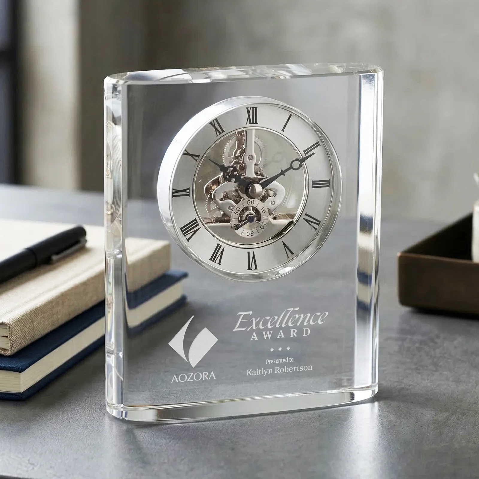 Custom Curved Rectangular Optical Crystal Skeleton Clock with Roman Numerals for service anniversary gifts