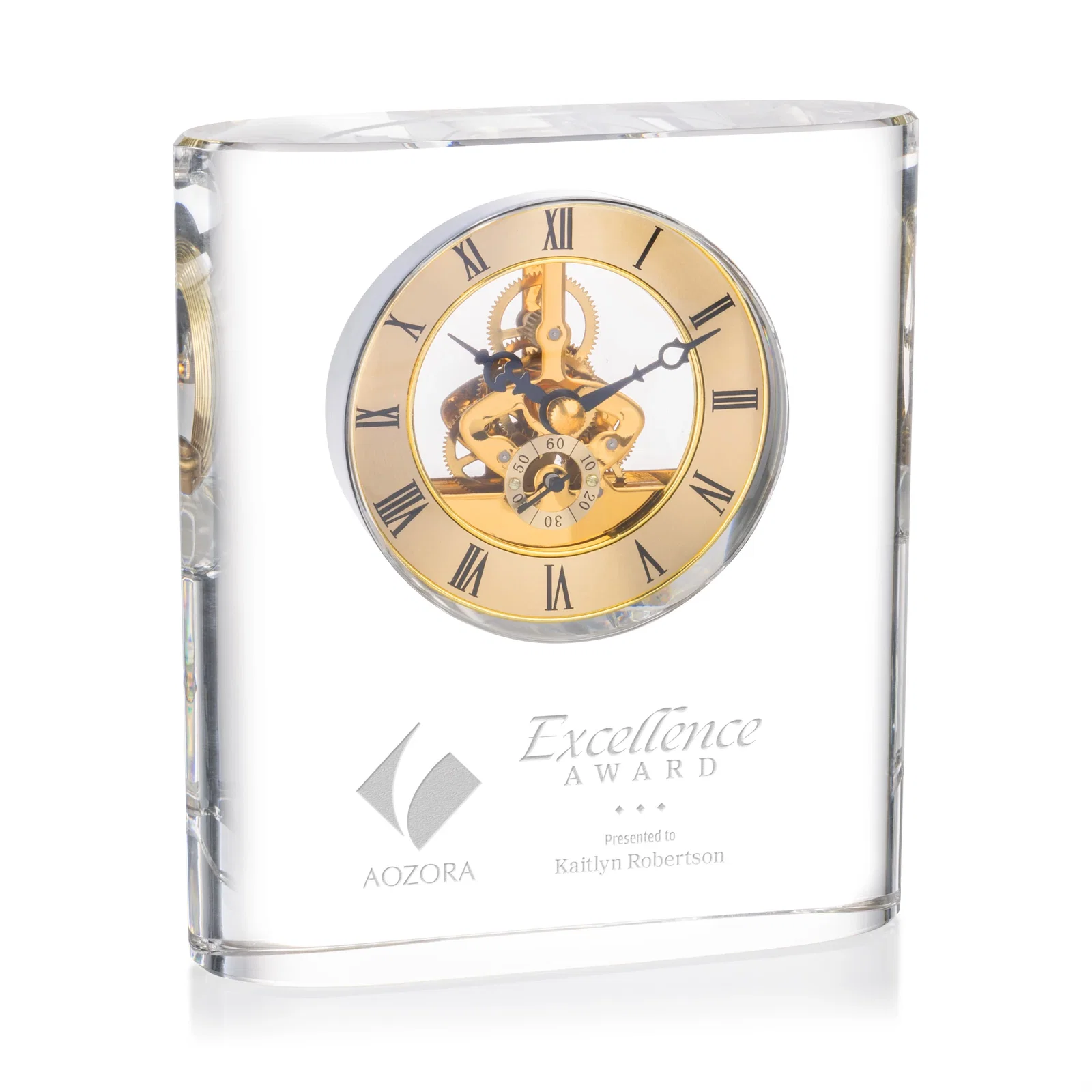 Custom Curved Rectangular Optical Crystal Skeleton Clock with Roman Numerals for sales achievement awards