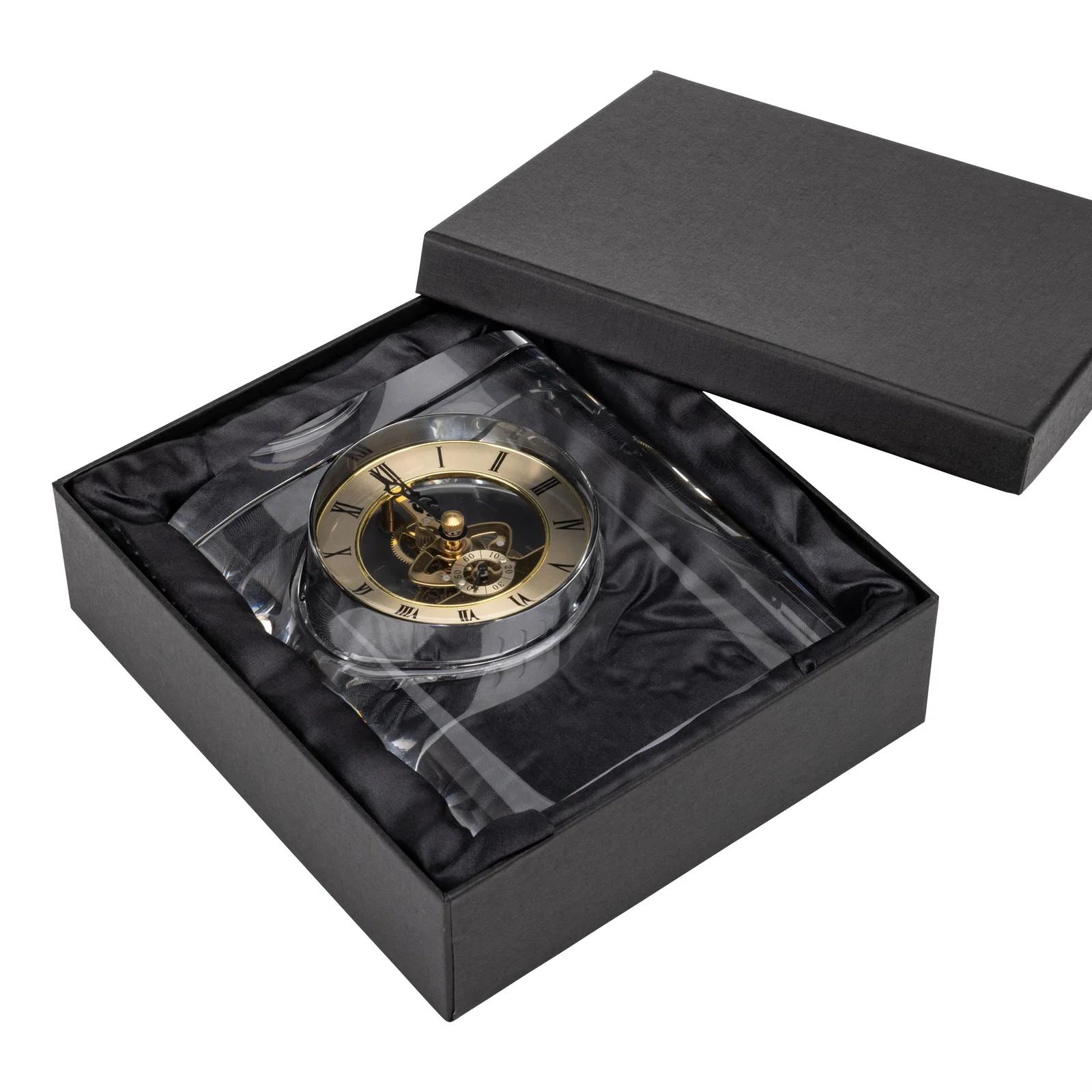 Custom Curved Rectangular Optical Crystal Skeleton Clock with Roman Numerals for retirement presentations