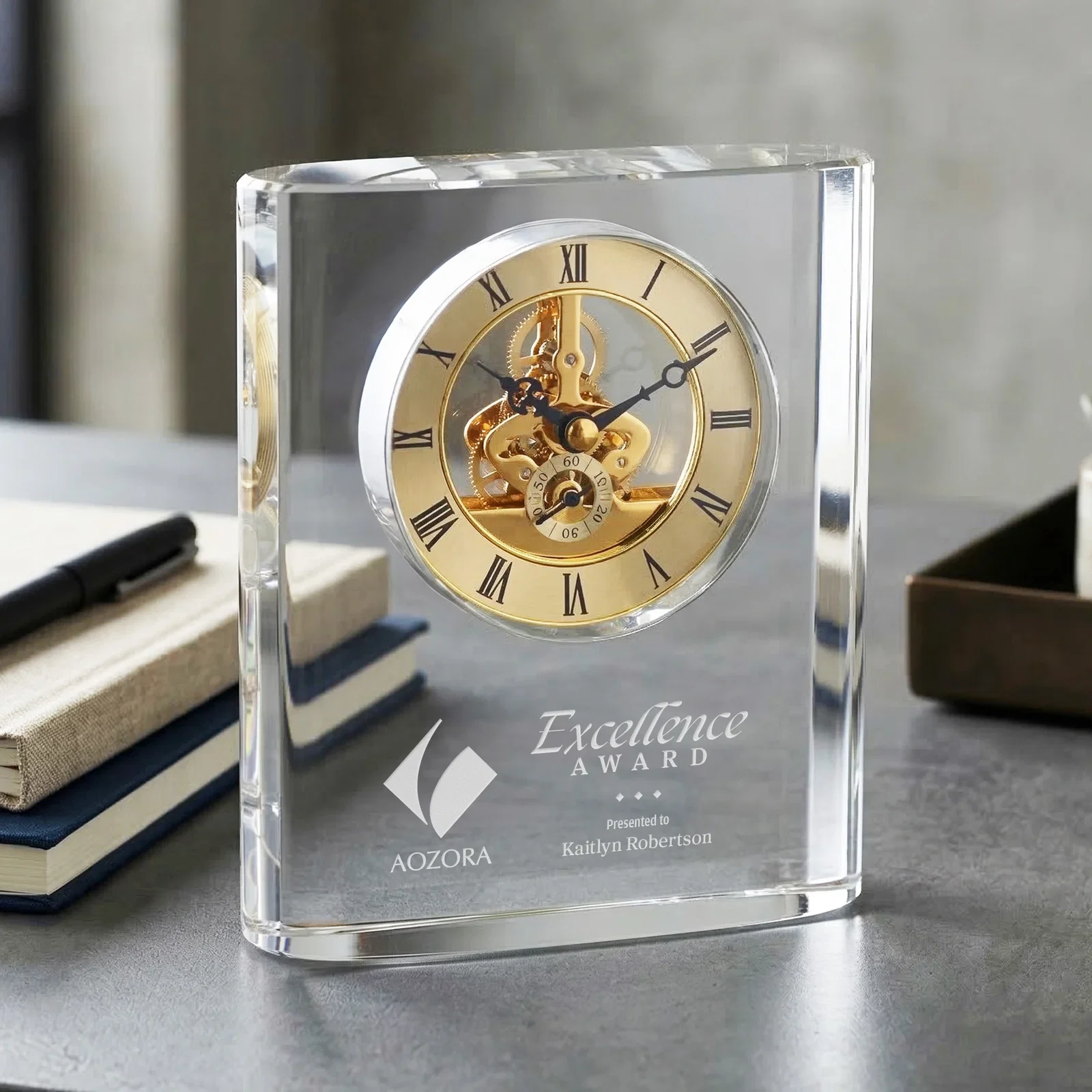 Custom Curved Rectangular Optical Crystal Skeleton Clock with Roman Numerals for team milestone celebrations