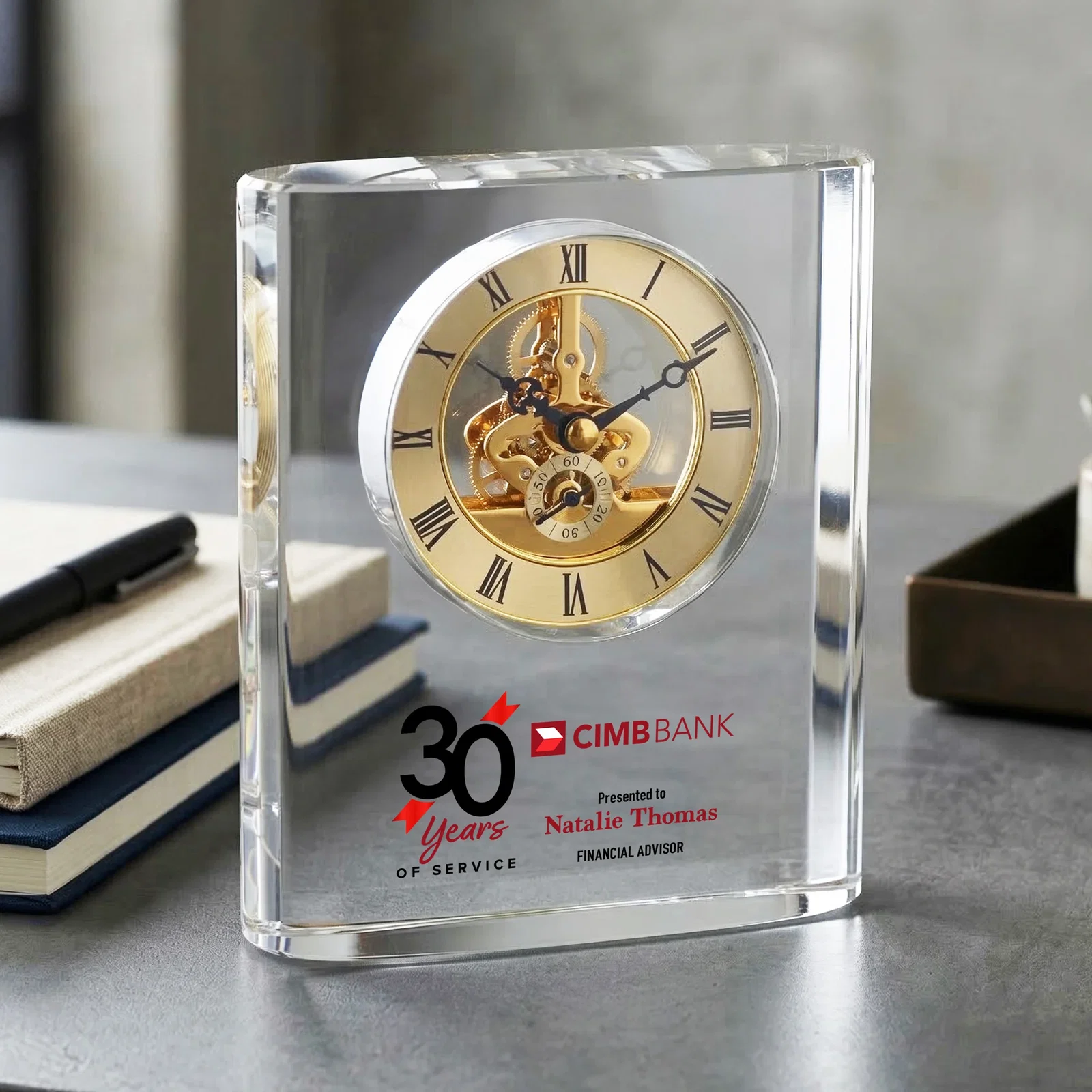 Custom Curved Rectangular Optical Crystal Skeleton Clock with Roman Numerals for graduation ceremonies