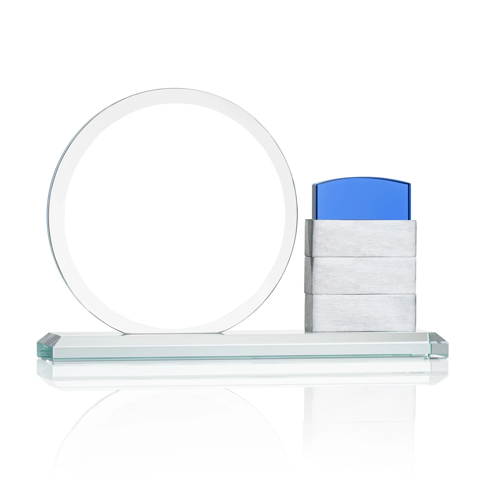 Personalized Starfire Crystal Circle Award Beside a Curved Add-a-Block Pane for corporate award ceremonies