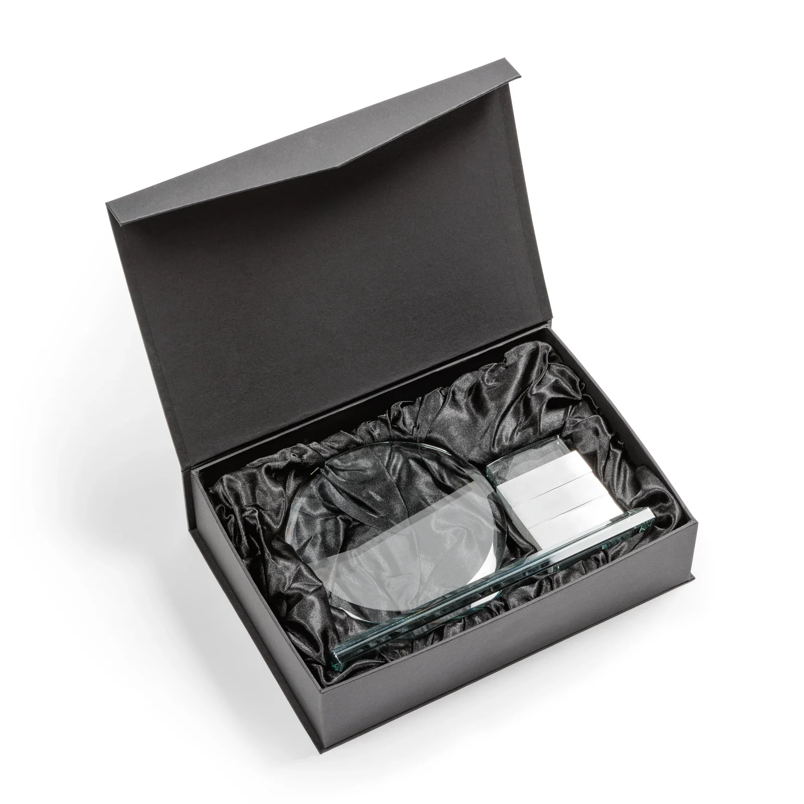 Custom Starfire Crystal Circle Award Beside a Curved Add-a-Block Pane for donor appreciation