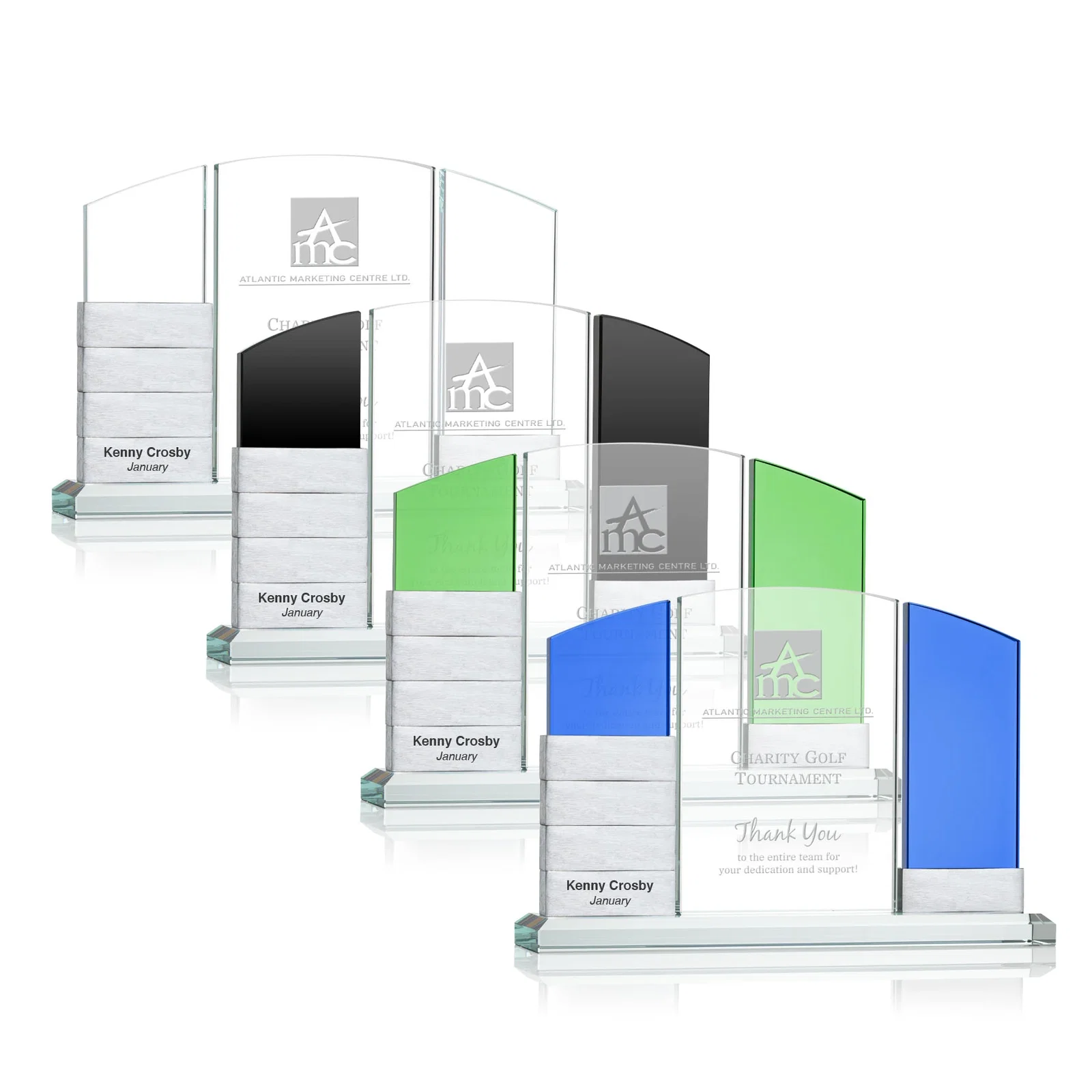 Custom Starfire Crystal Tower Award Holds 12 Stackable Aluminum Blocks for employee recognition