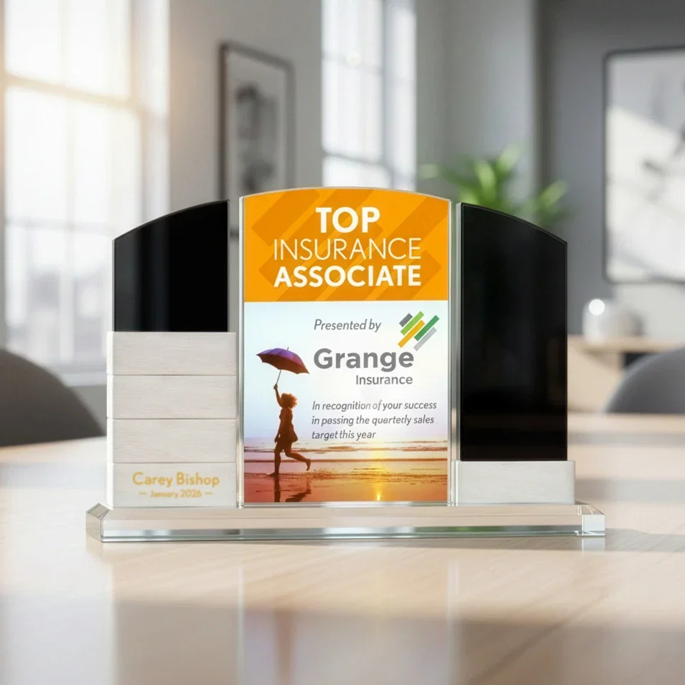 Custom Starfire Crystal Tower Award Holds 12 Stackable Aluminum Blocks for company anniversary events