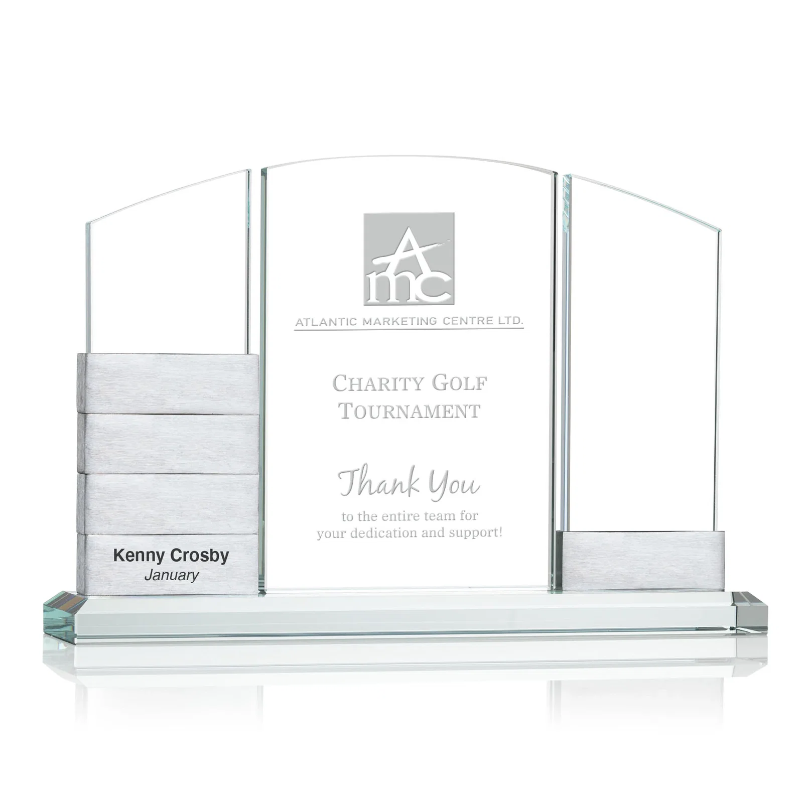 Custom Starfire Crystal Tower Award Holds 12 Stackable Aluminum Blocks for retirement presentations