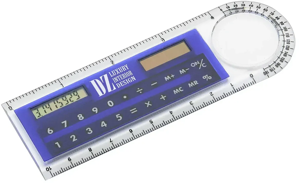 Custom branded Add Up solar calculator ruler, front view of the promotional desk calculator with logo space