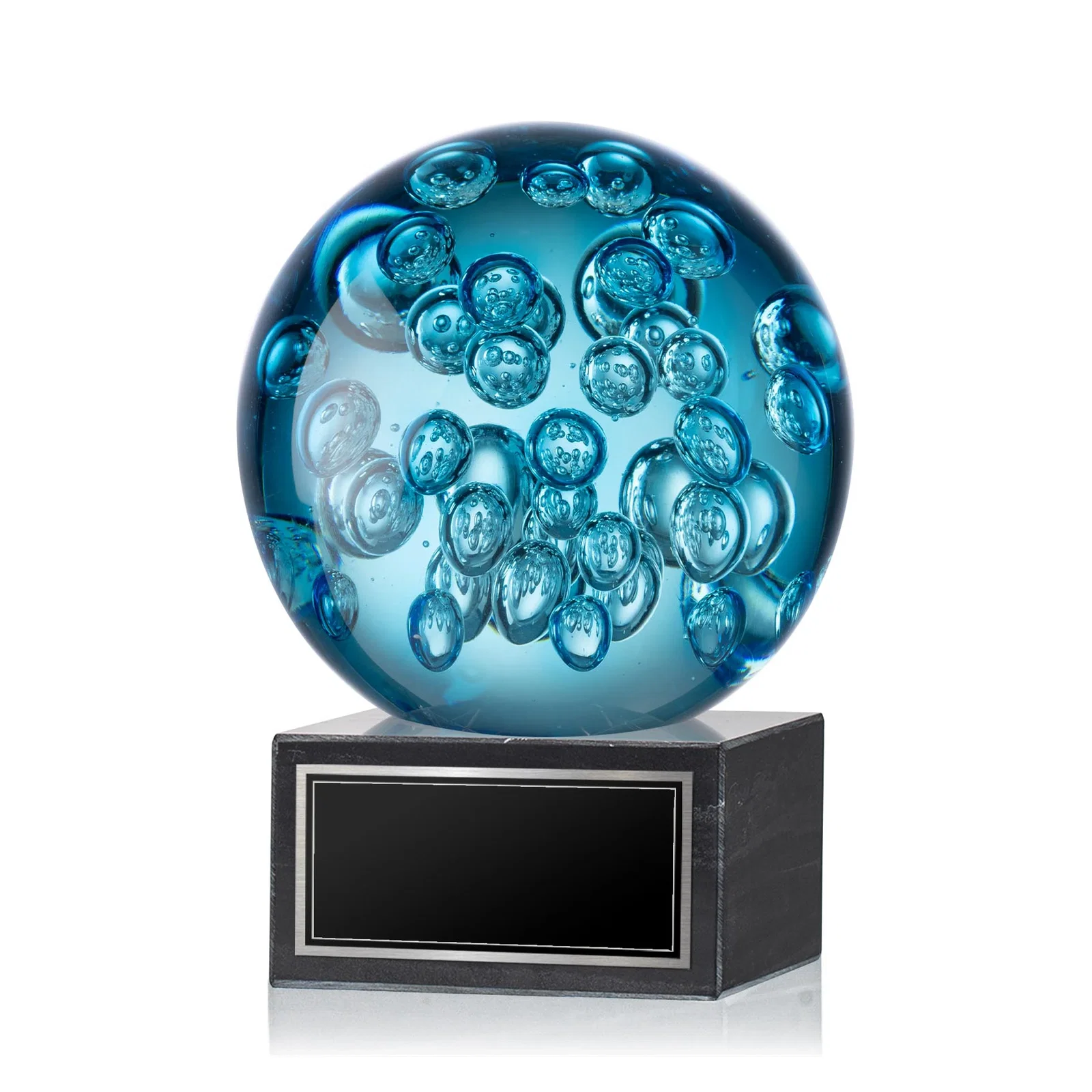 Custom Blue Glass Sphere Award With Suspended Bubbles on a Column for volunteer appreciation