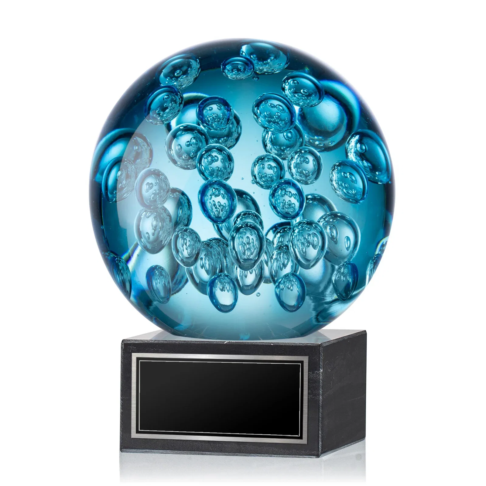 Custom Blue Glass Sphere Award With Suspended Bubbles on a Column for dealer and partner awards